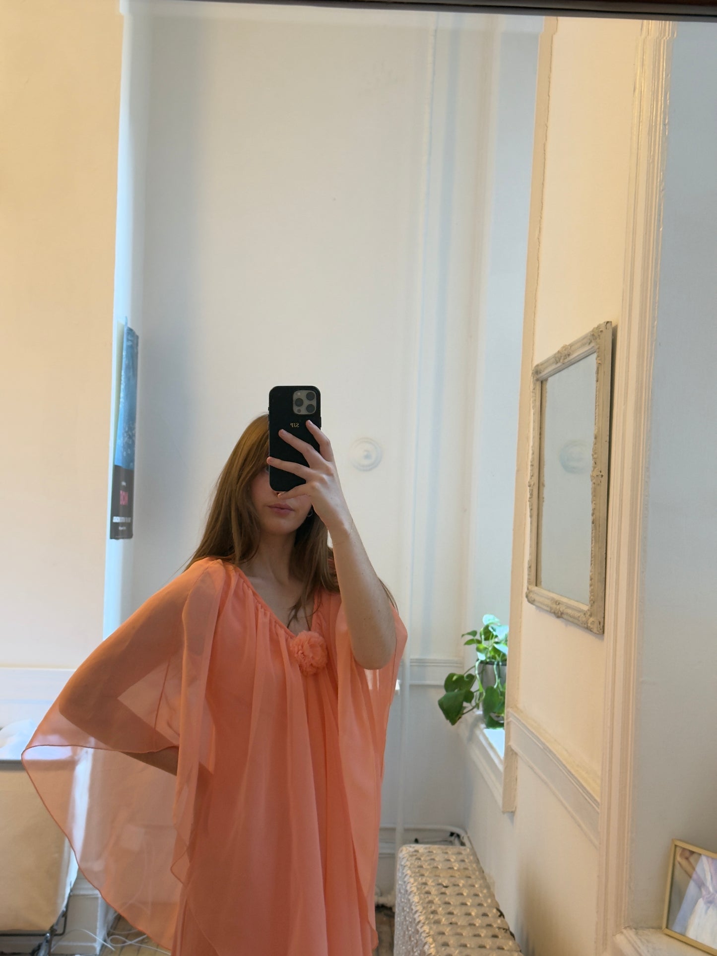 Vintage 70's Peachy Pink Evening Dress with Sheer Cape Overlay