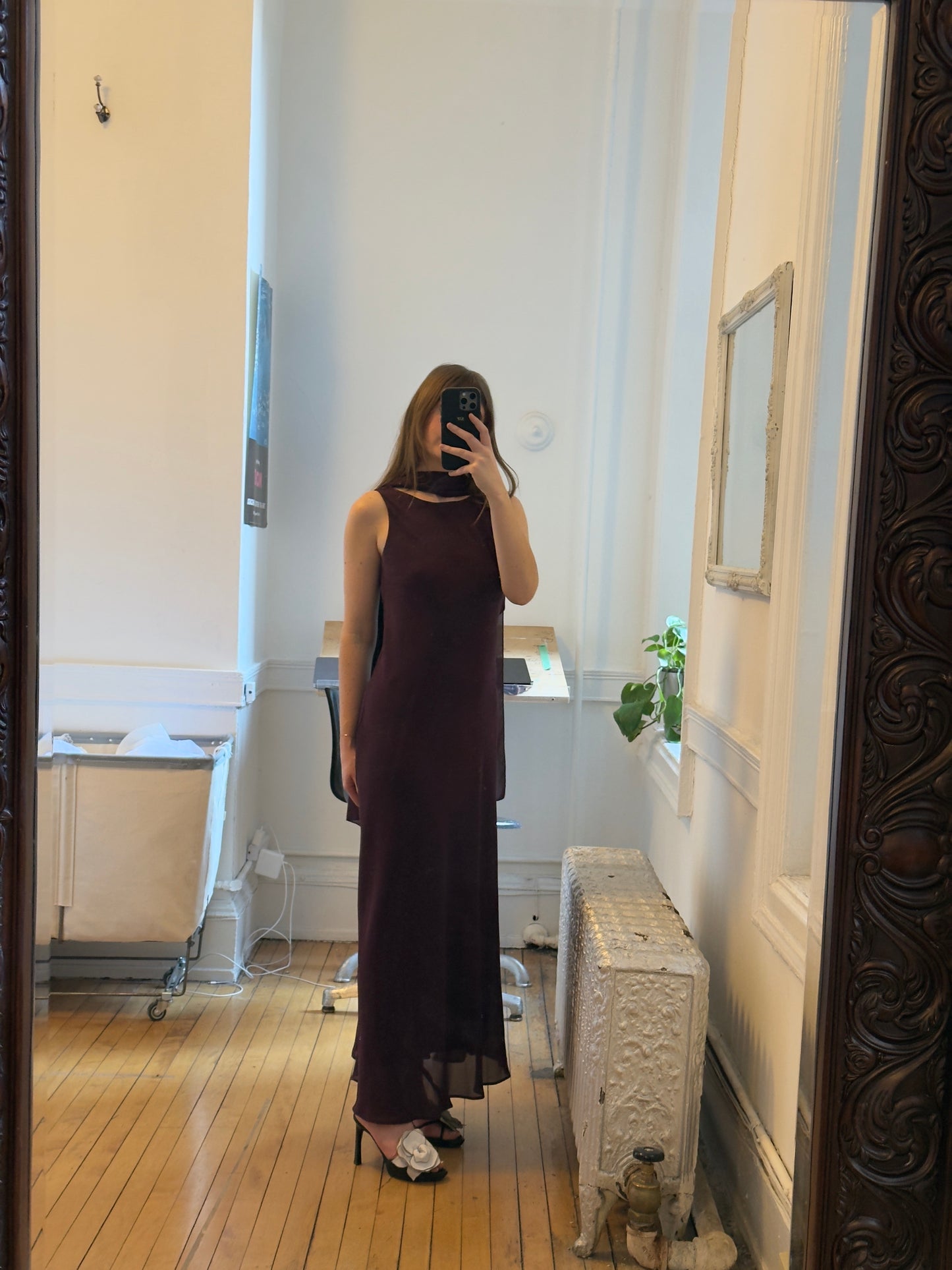 Vintage 90's Eggplant Purple Evening Dress with Neck Scarf