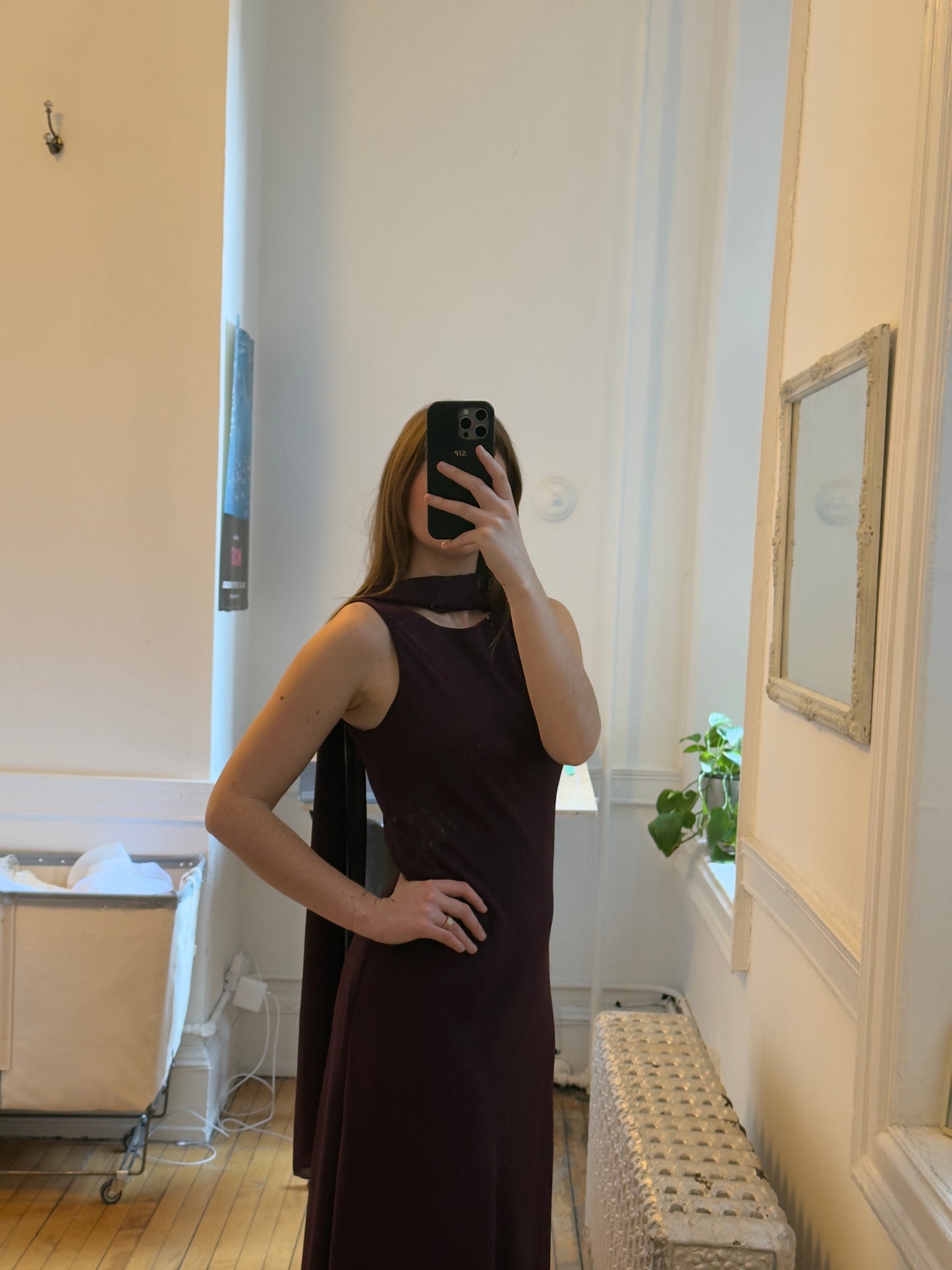 Vintage 90's Eggplant Purple Evening Dress with Neck Scarf