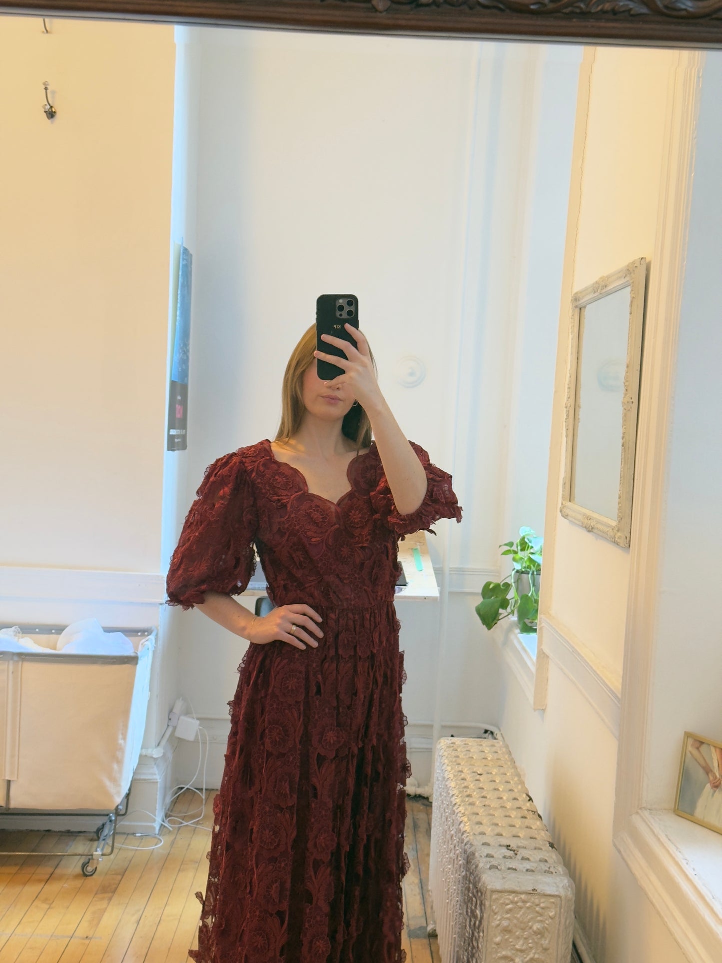 Vintage 70's Burgundy Red Embroidered Evening Dress