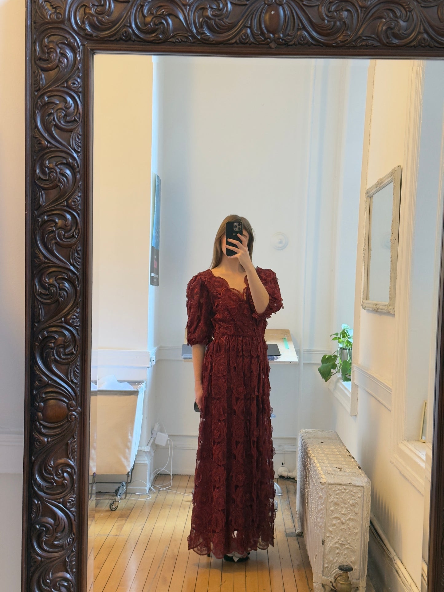 Vintage 70's Burgundy Red Embroidered Evening Dress