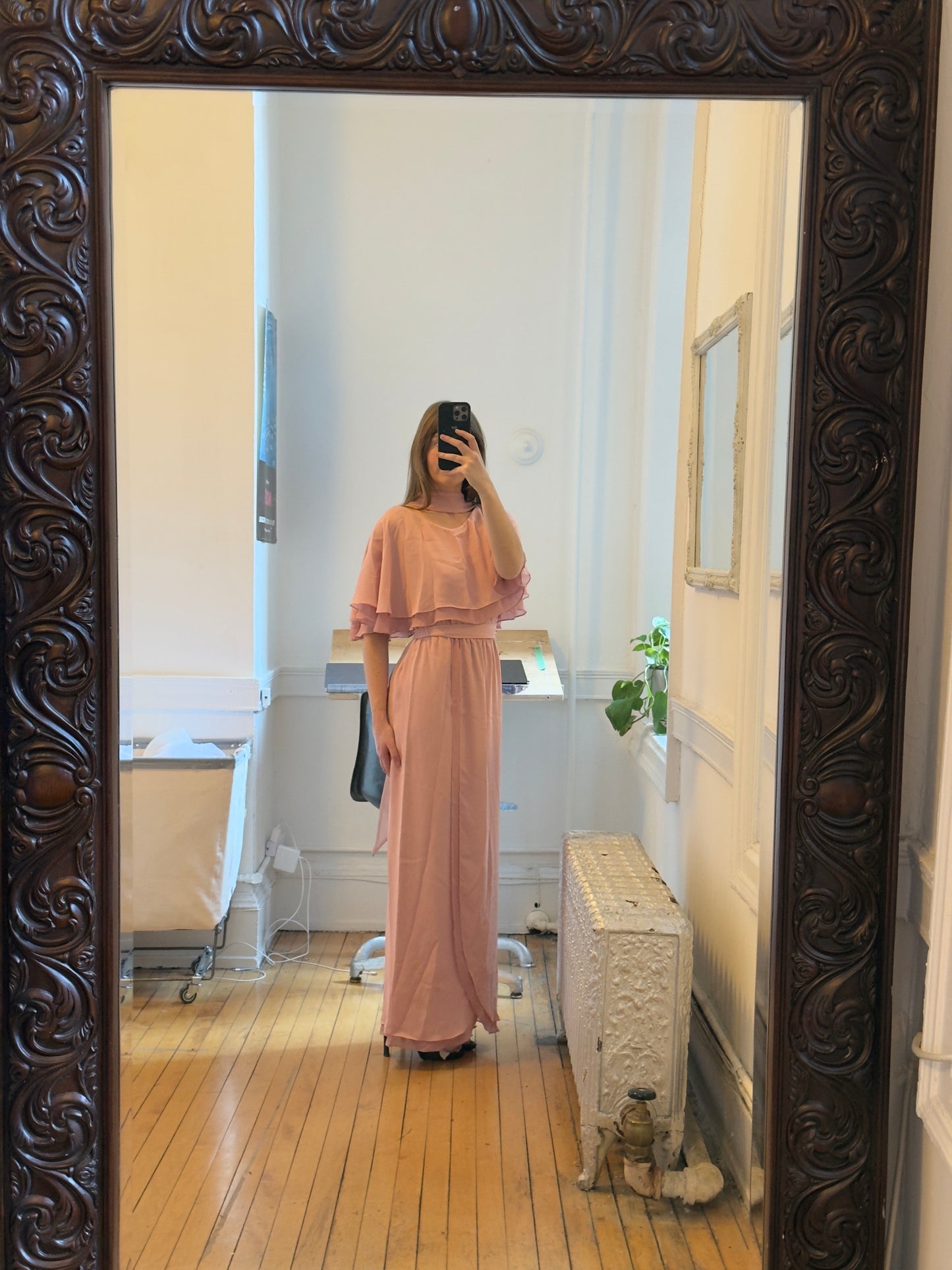 Vintage 60's Mauve Pink Chiffon Evening Dress with Neck Scarf