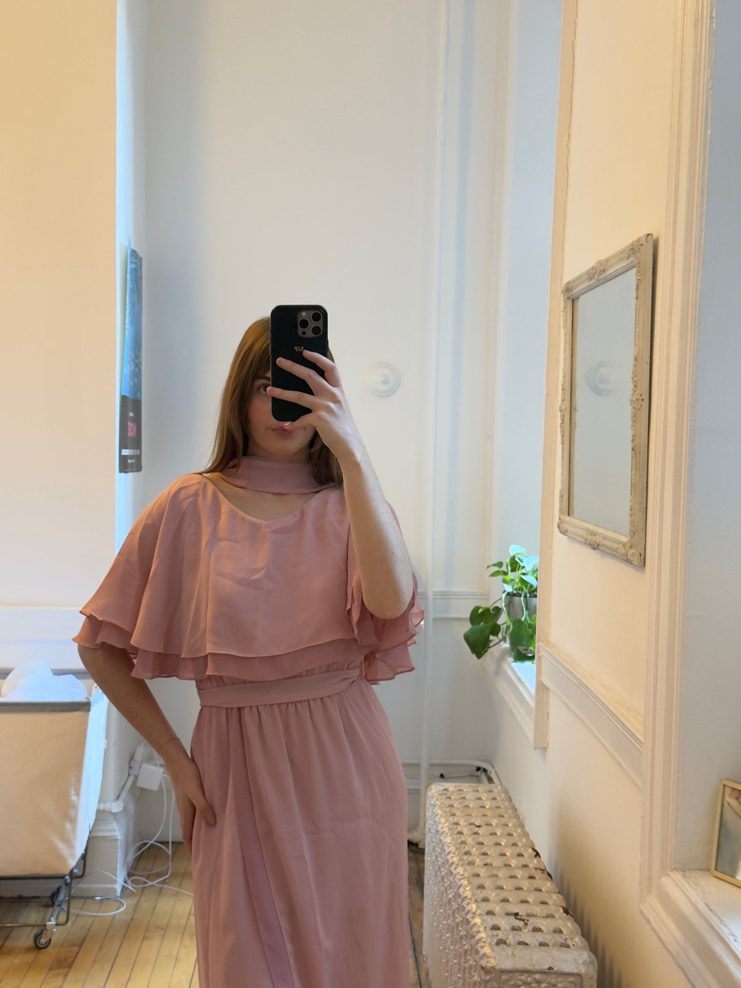 Vintage 60's Mauve Pink Chiffon Evening Dress with Neck Scarf