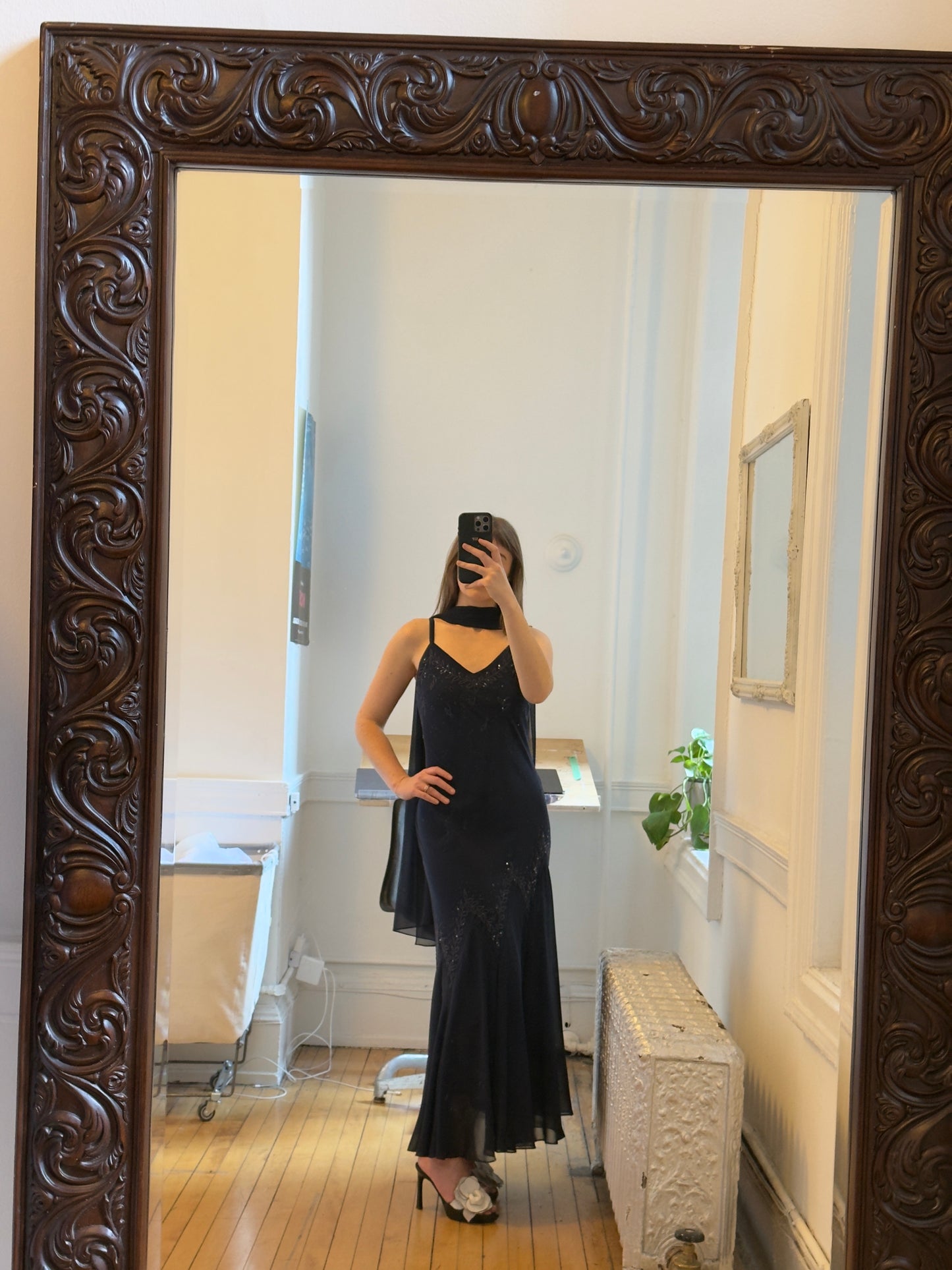 Vintage 90's Navy Beaded Chiffon Evening Dress with Neck Scarf