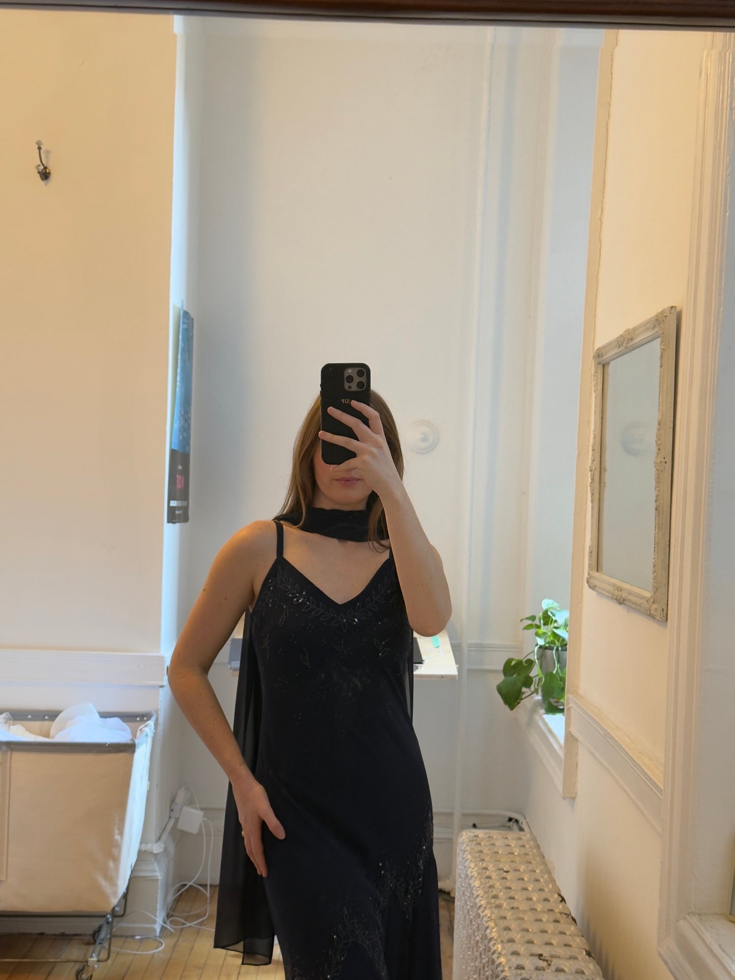 Vintage 90's Navy Beaded Chiffon Evening Dress with Neck Scarf