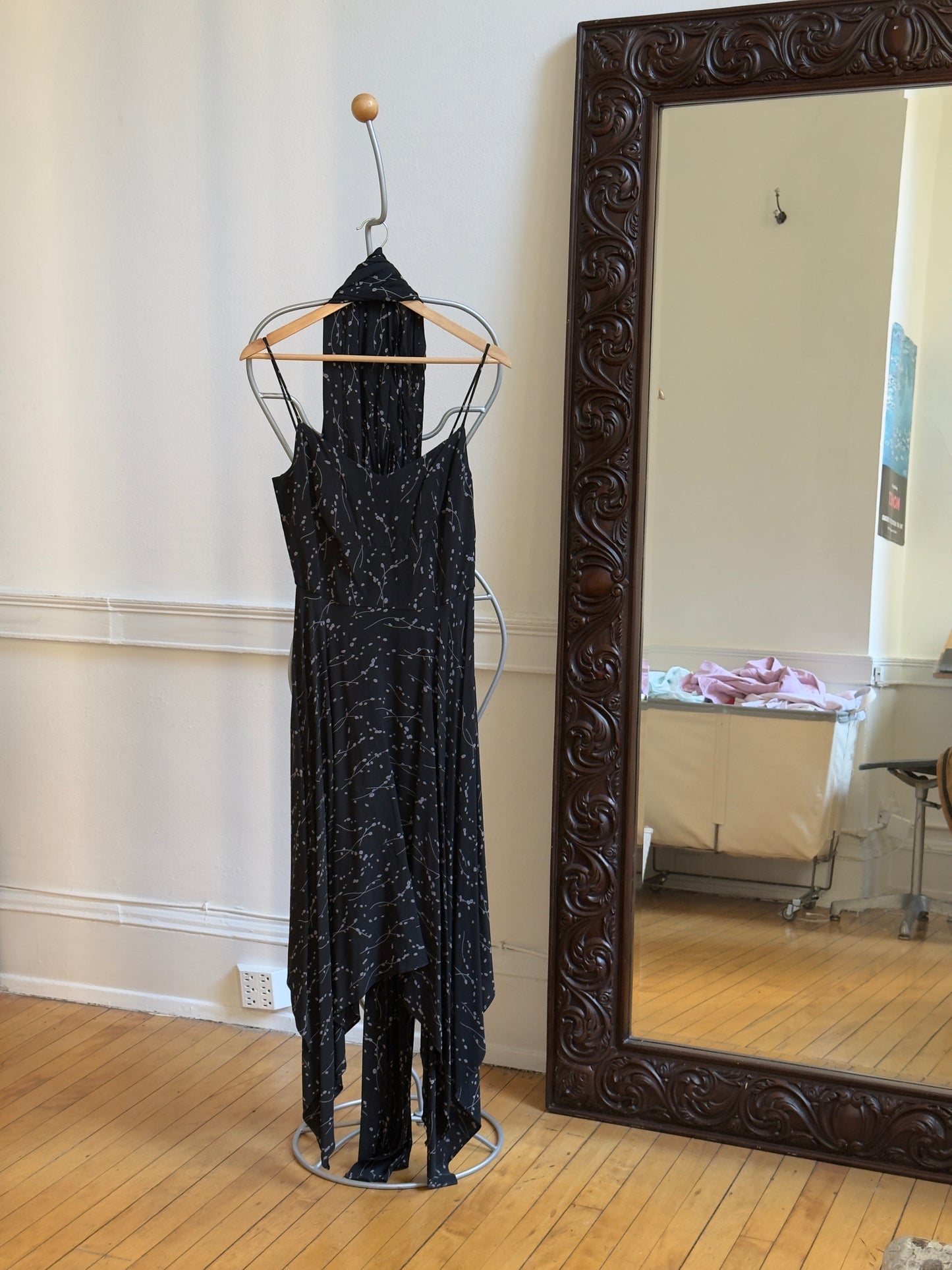 Vintage 80's Black Handkerchief Hem Evening Dress with Neck Scarf