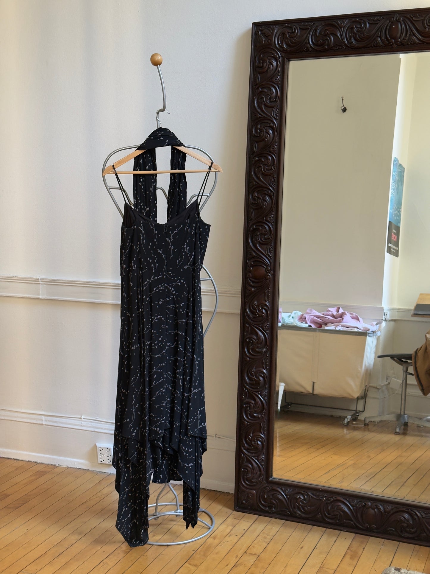 Vintage 80's Black Handkerchief Hem Evening Dress with Neck Scarf