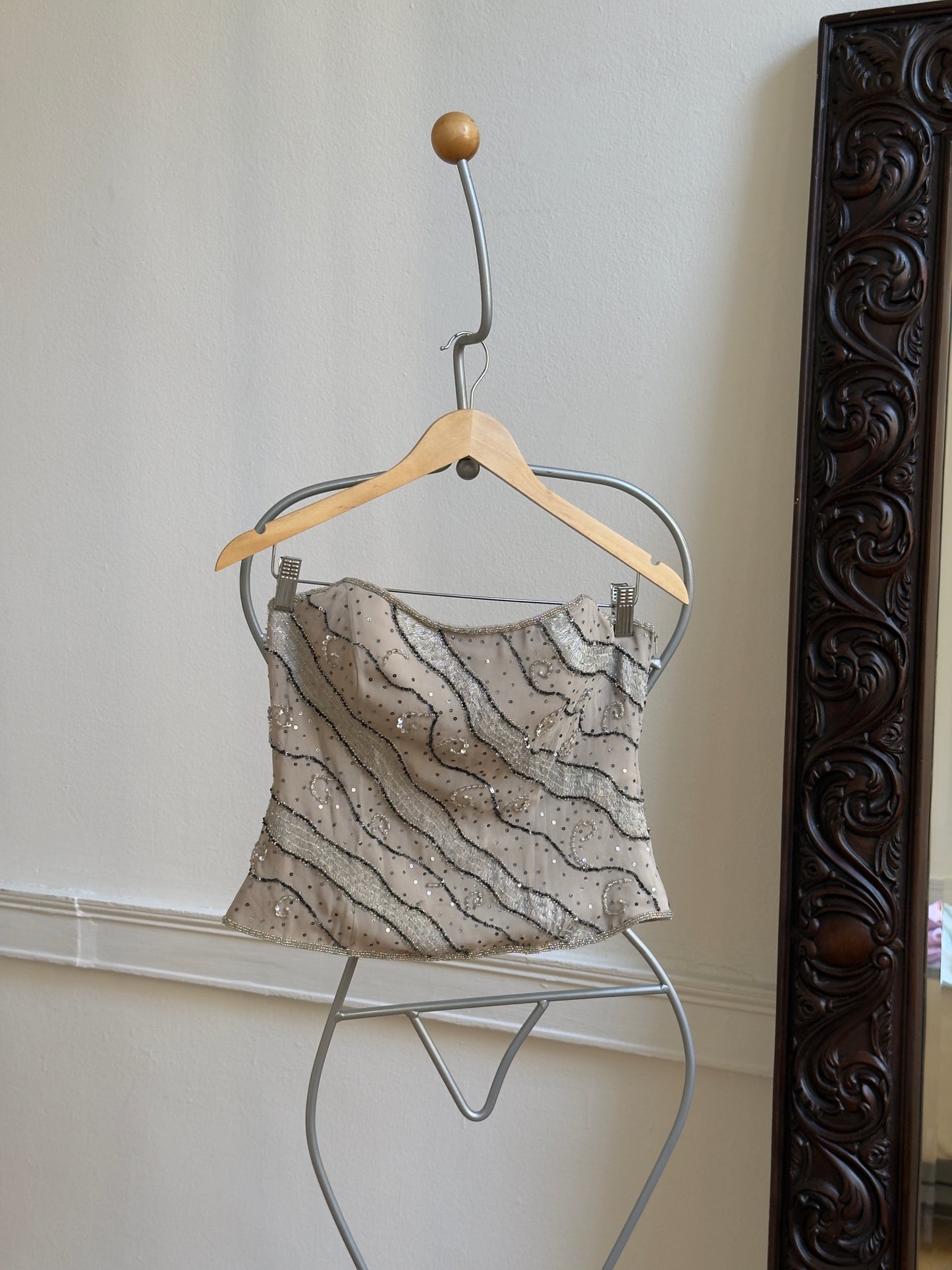 Vintage 90's Silk Beaded Taupe Strapless Corset Top