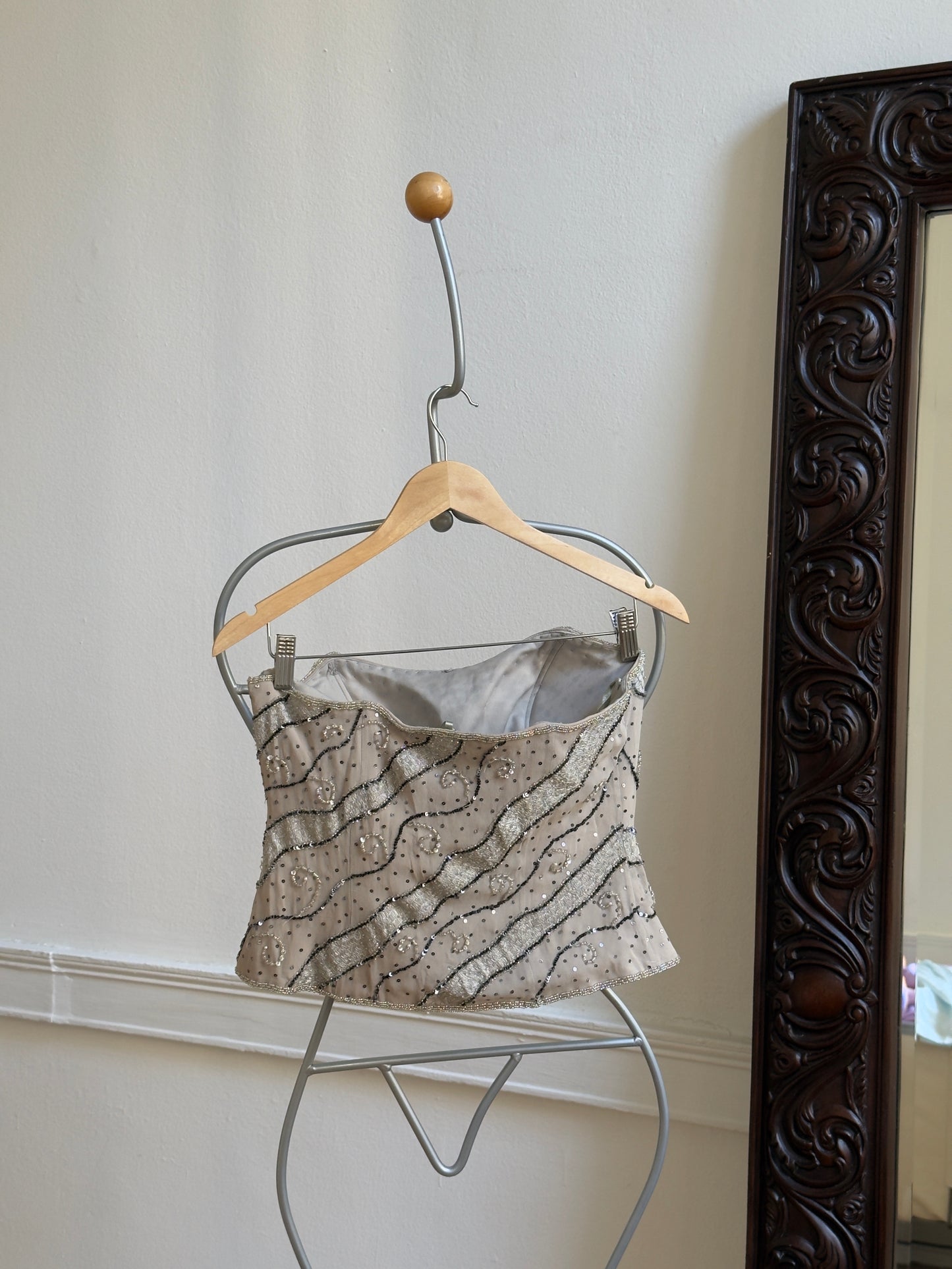 Vintage 90's Silk Beaded Taupe Strapless Corset Top