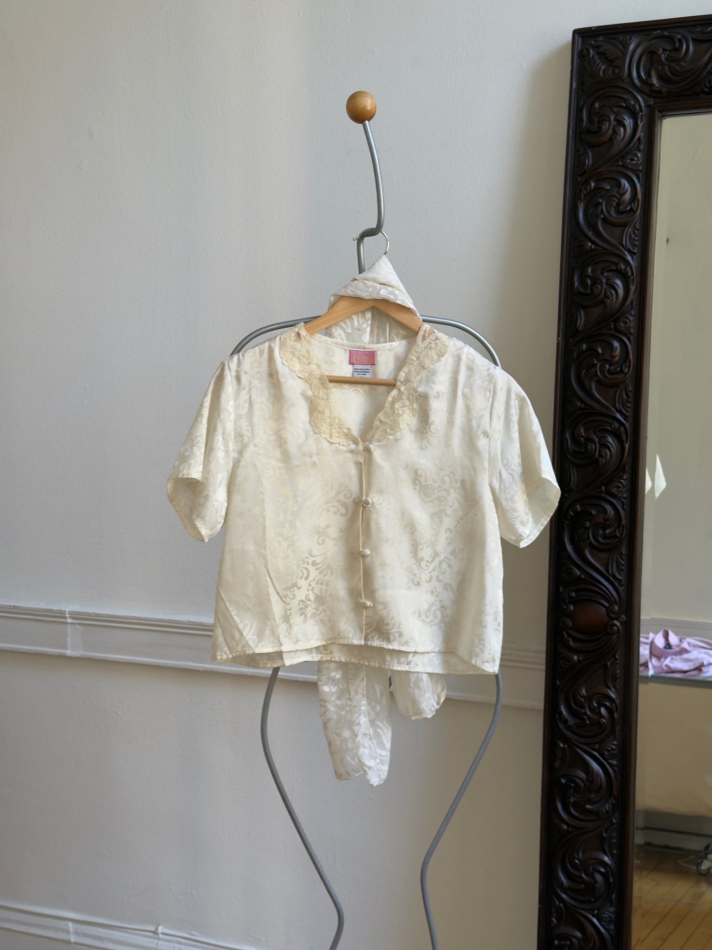 Vintage 70's Ivory Satin Floral Top with Neck Scarf