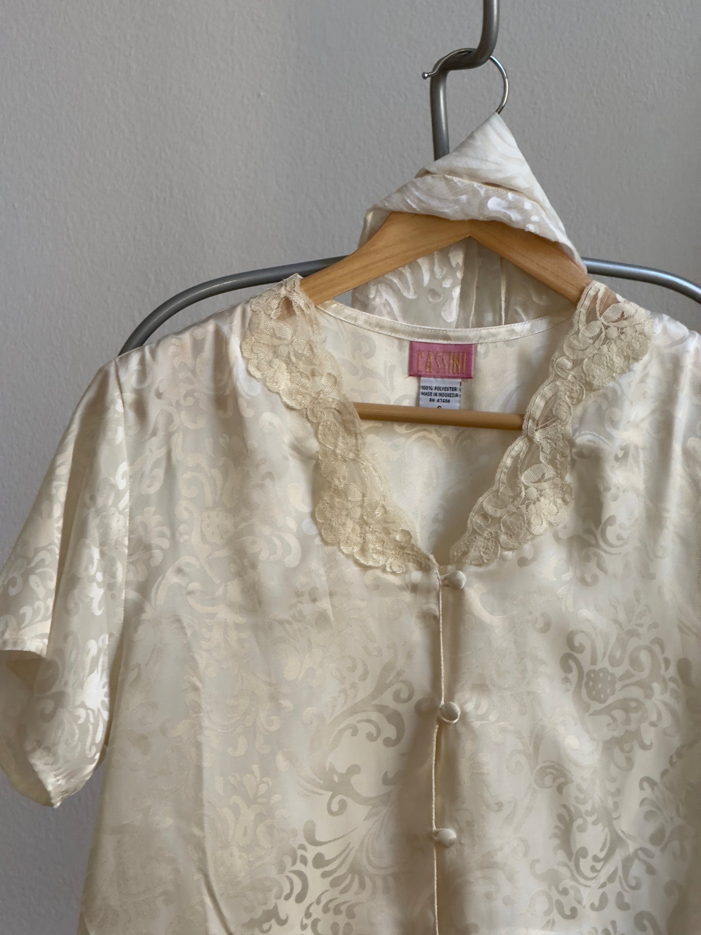 Vintage 70's Ivory Satin Floral Top with Neck Scarf