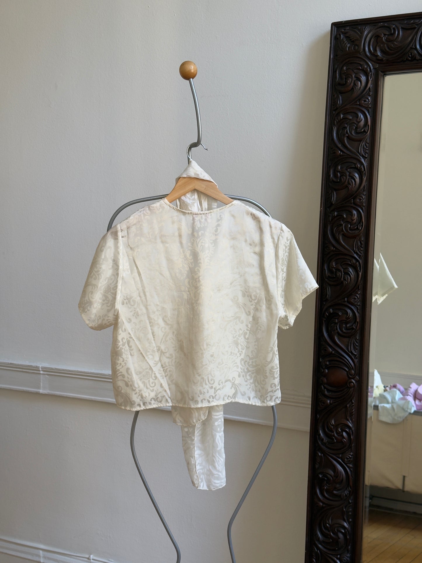 Vintage 70's Ivory Satin Floral Top with Neck Scarf