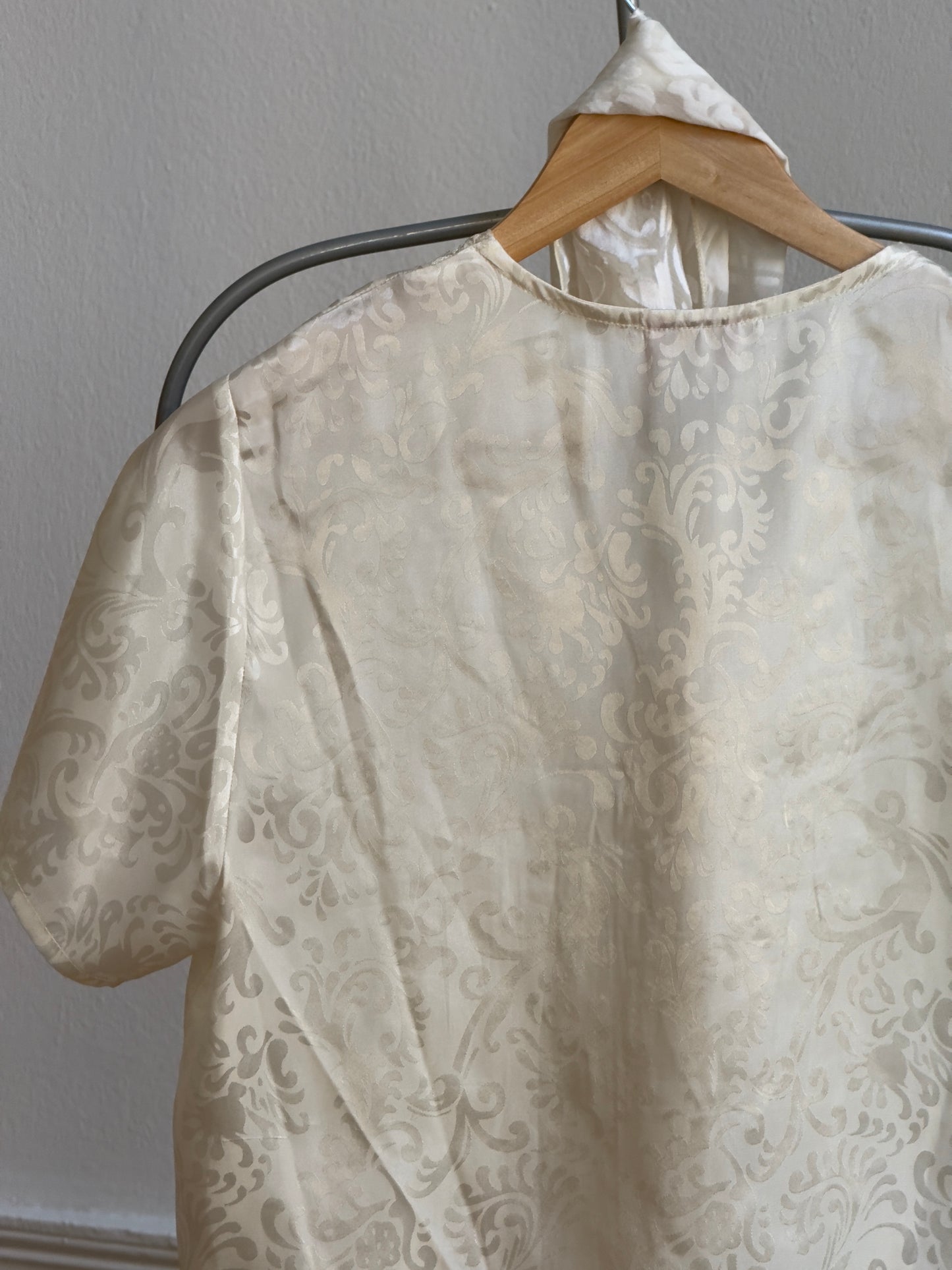 Vintage 70's Ivory Satin Floral Top with Neck Scarf