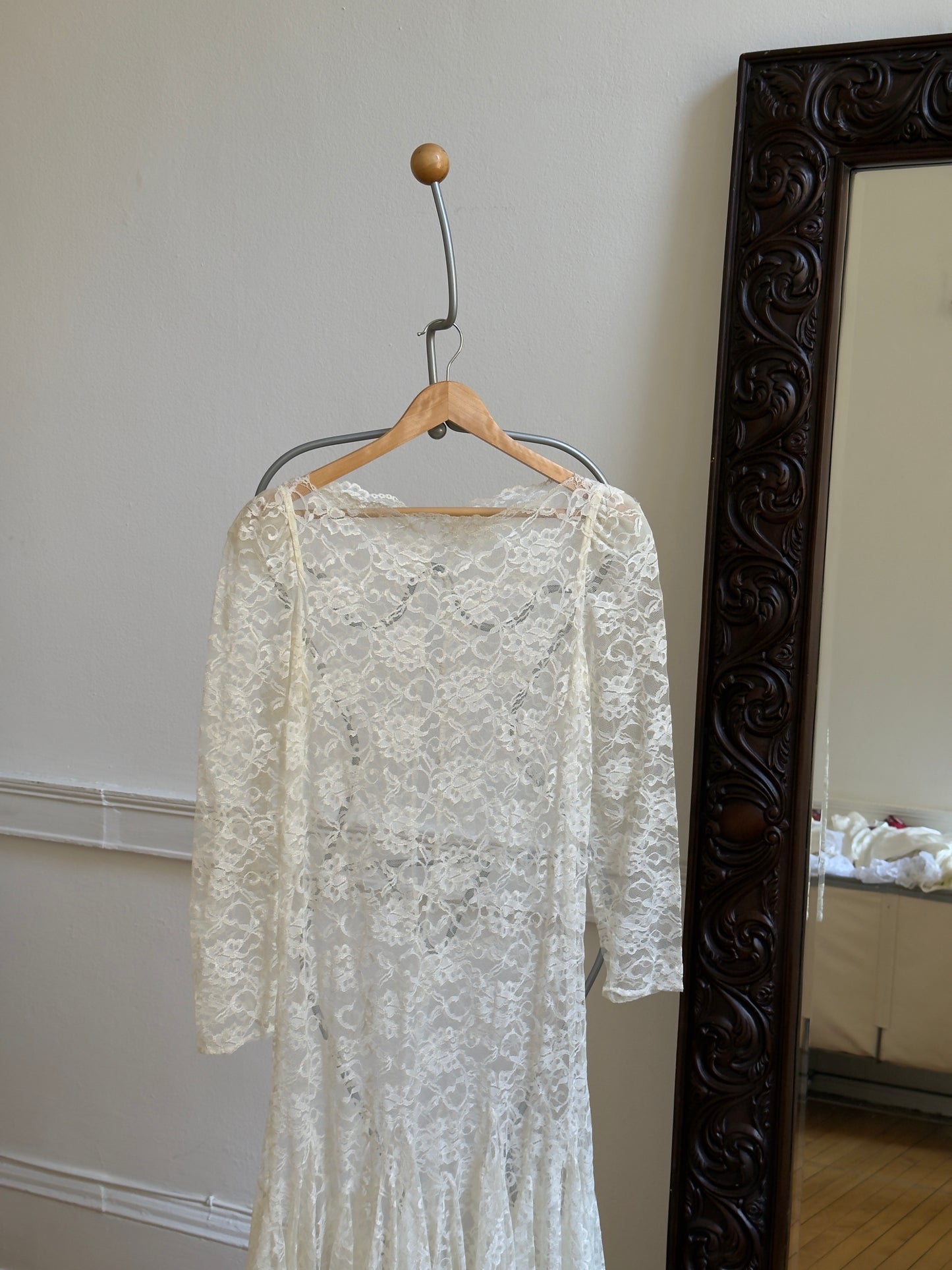 Vintage 80's Sheer Lace Overlay Midi Bridal Dress