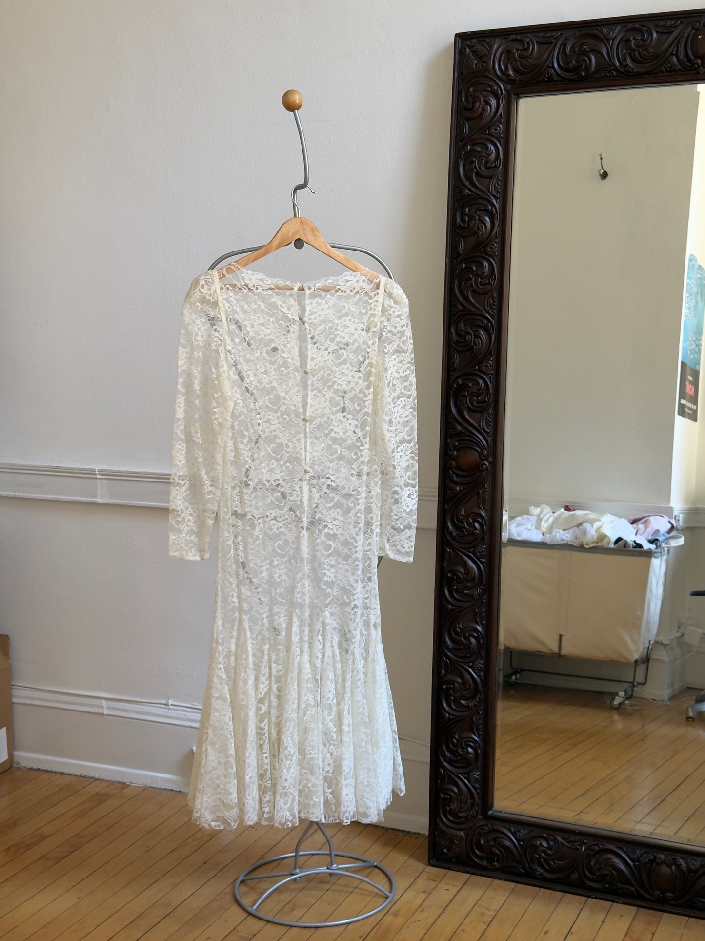 Vintage 80's Sheer Lace Overlay Midi Bridal Dress