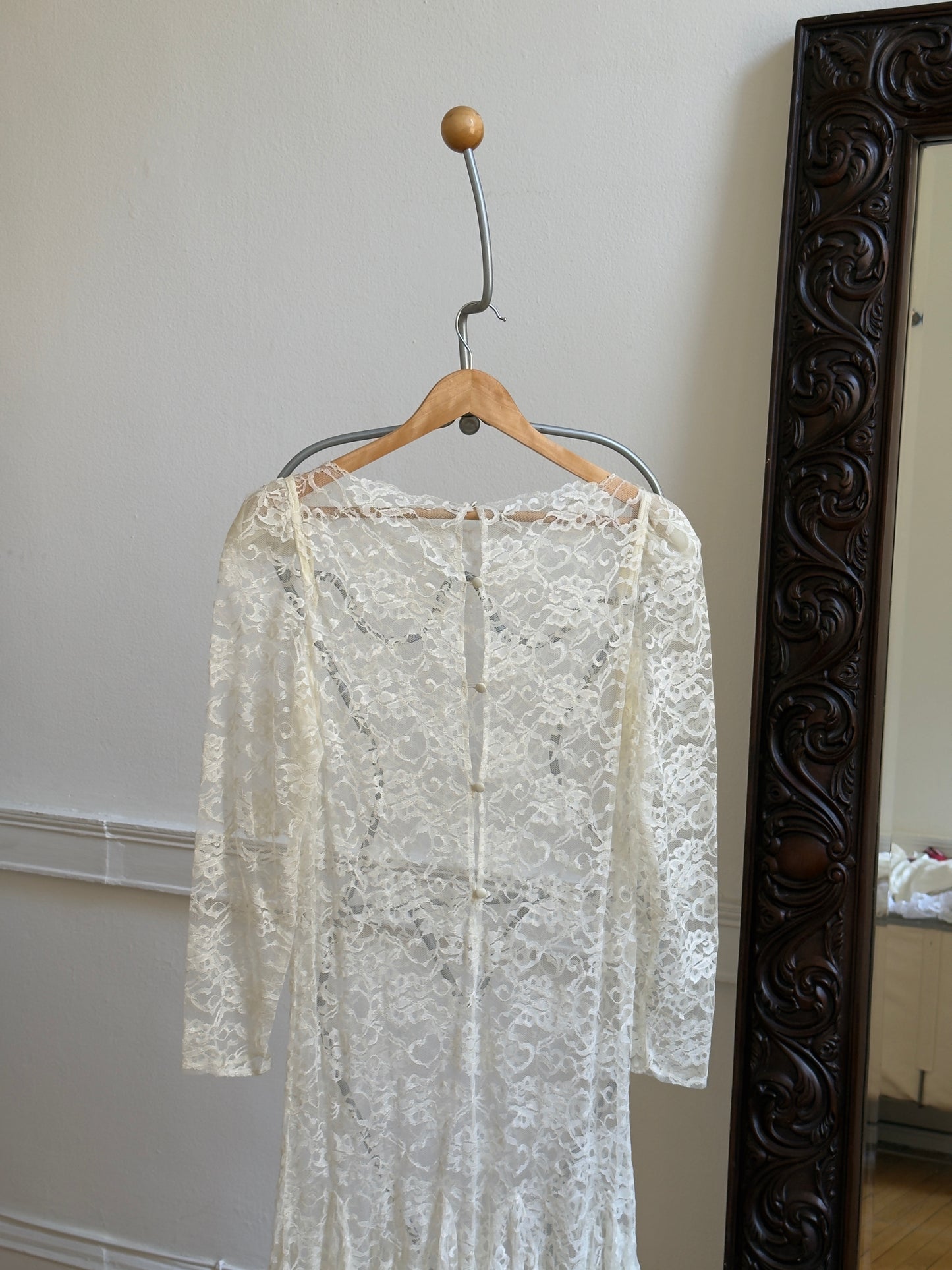 Vintage 80's Sheer Lace Overlay Midi Bridal Dress
