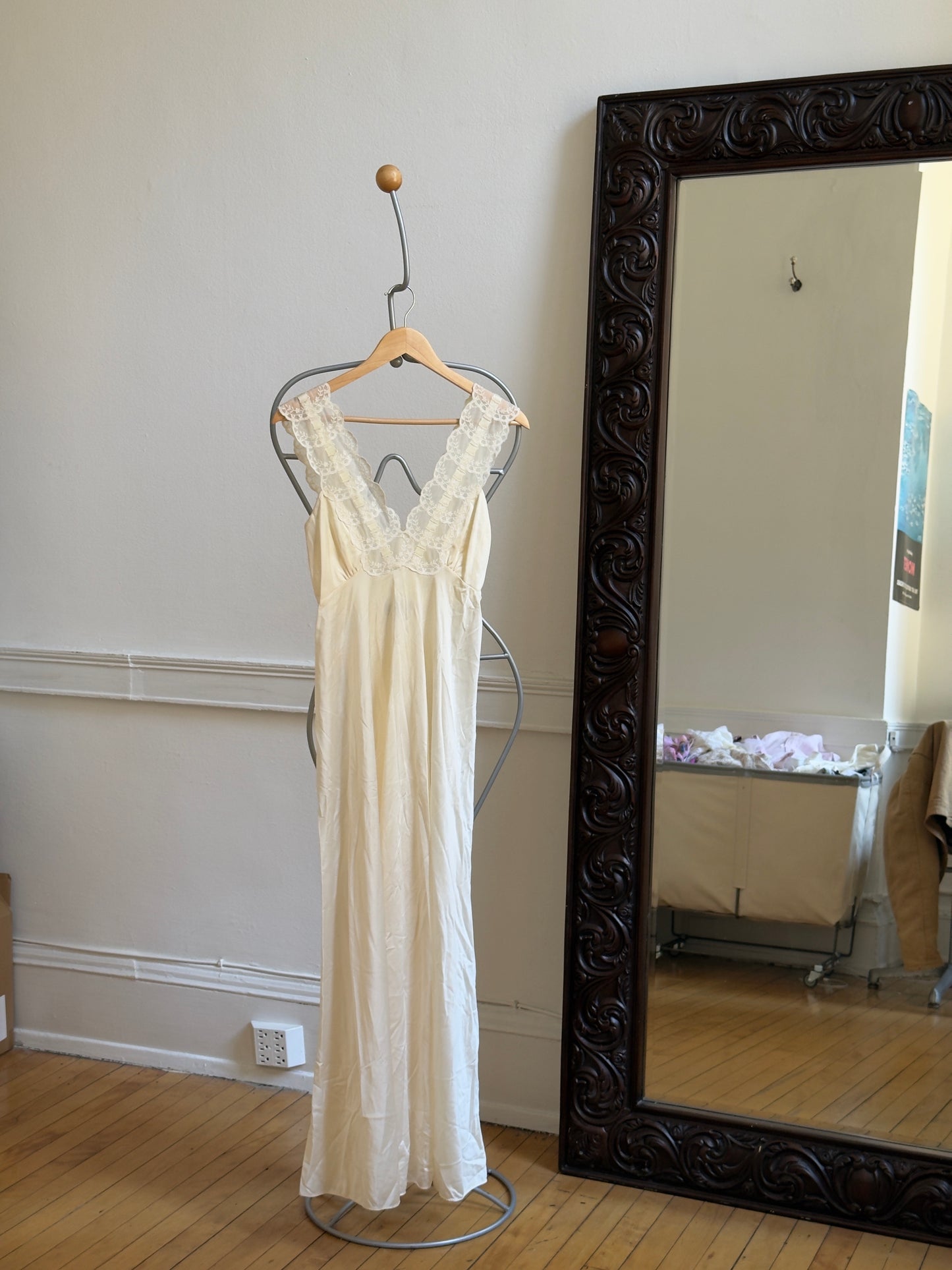 Vintage 60's Sheer Ivory Slip Dress with Lace and Ribbon