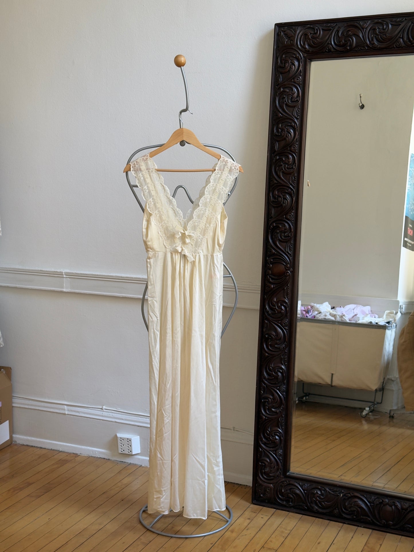 Vintage 60's Sheer Ivory Slip Dress with Lace and Ribbon