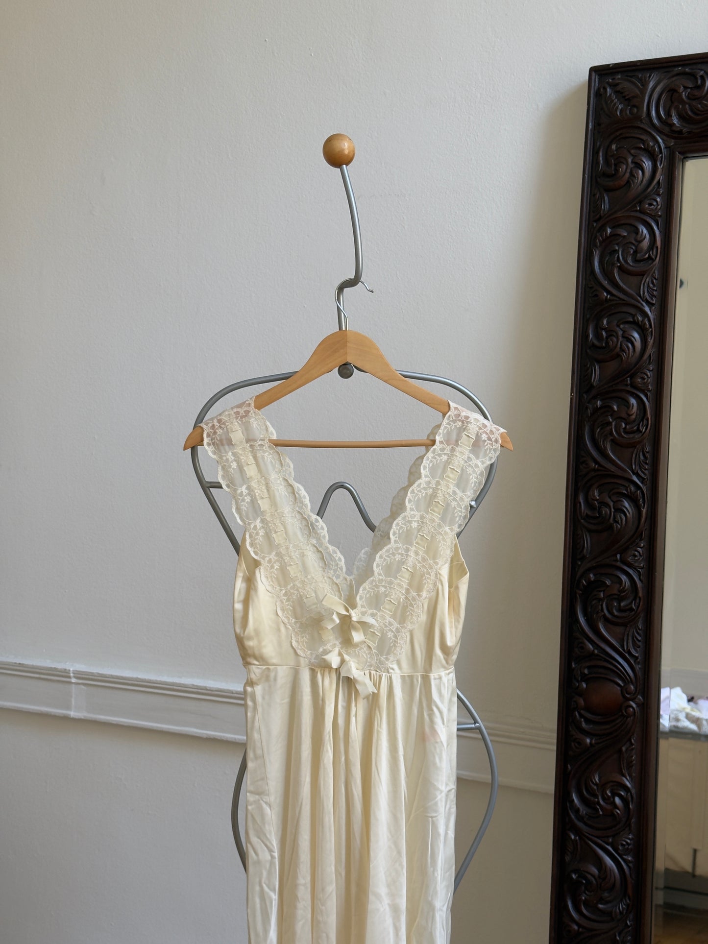 Vintage 60's Sheer Ivory Slip Dress with Lace and Ribbon