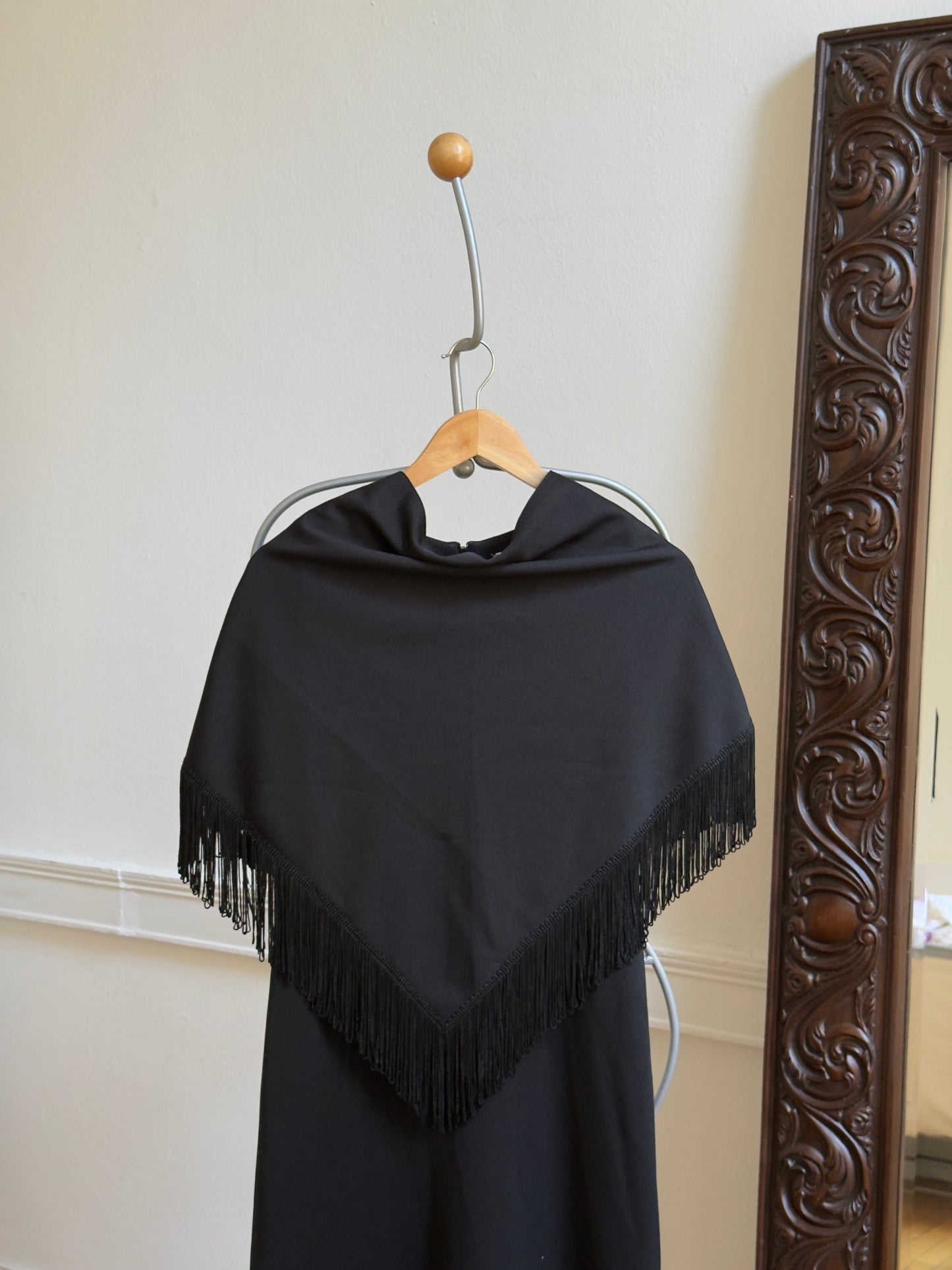 Vintage 60's Black Evening Dress with Fringe Cape