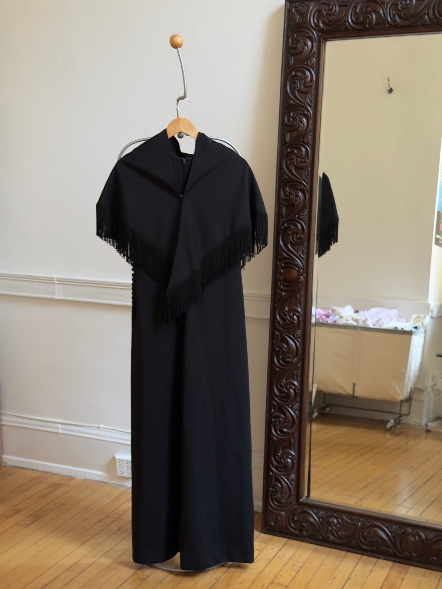 Vintage 60's Black Evening Dress with Fringe Cape