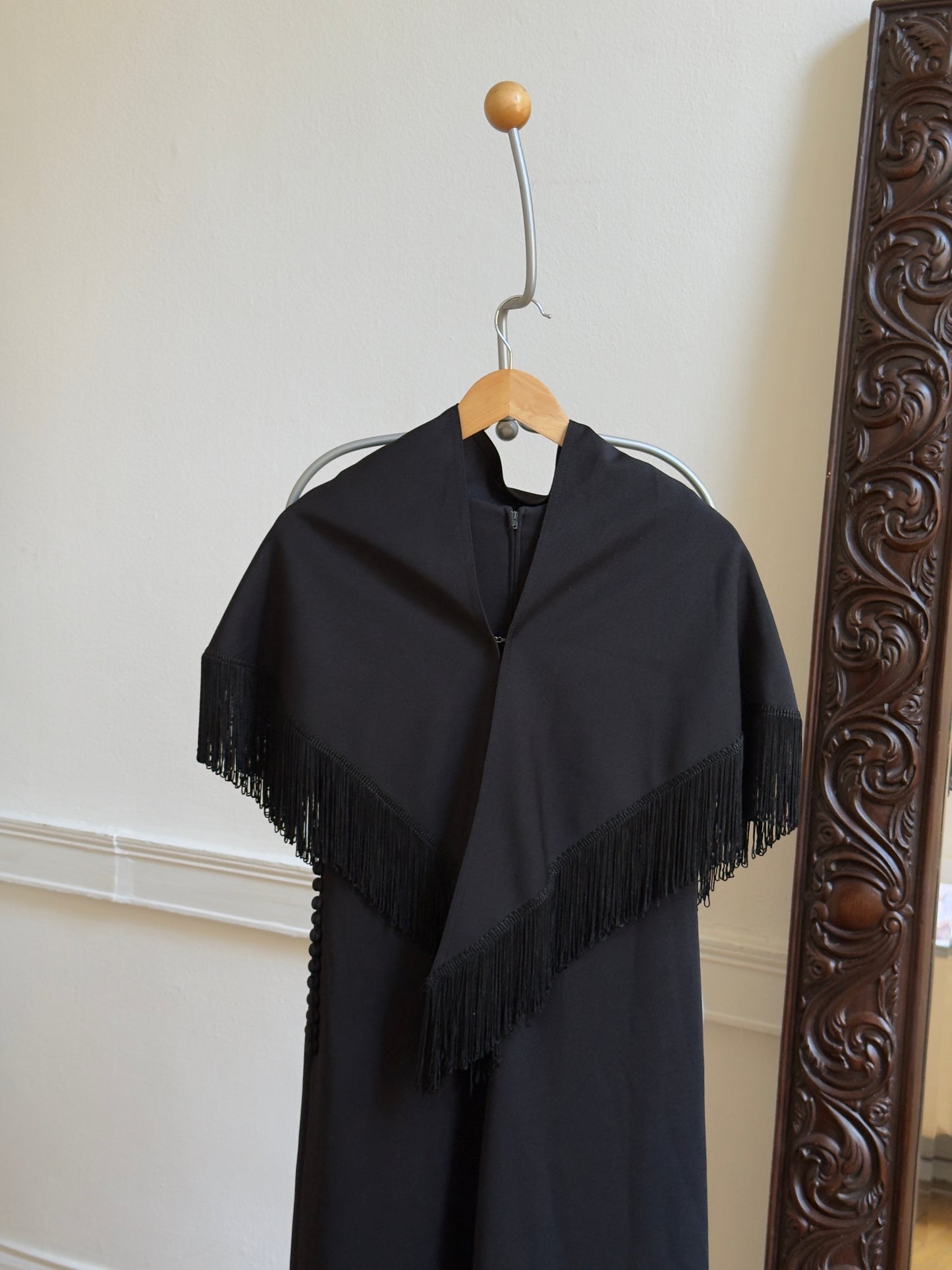 Vintage 60's Black Evening Dress with Fringe Cape