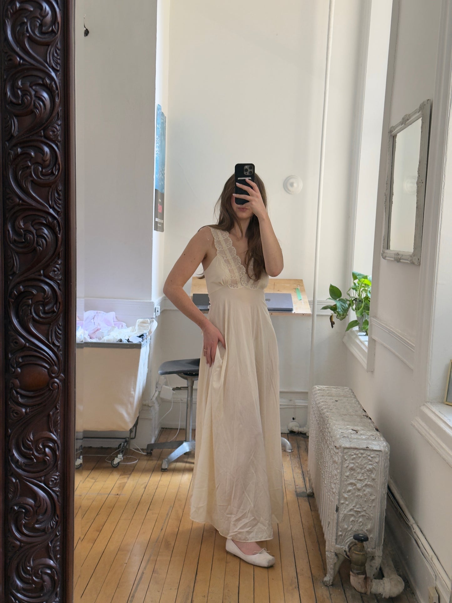 Vintage 60's Sheer Ivory Slip Dress with Lace and Ribbon