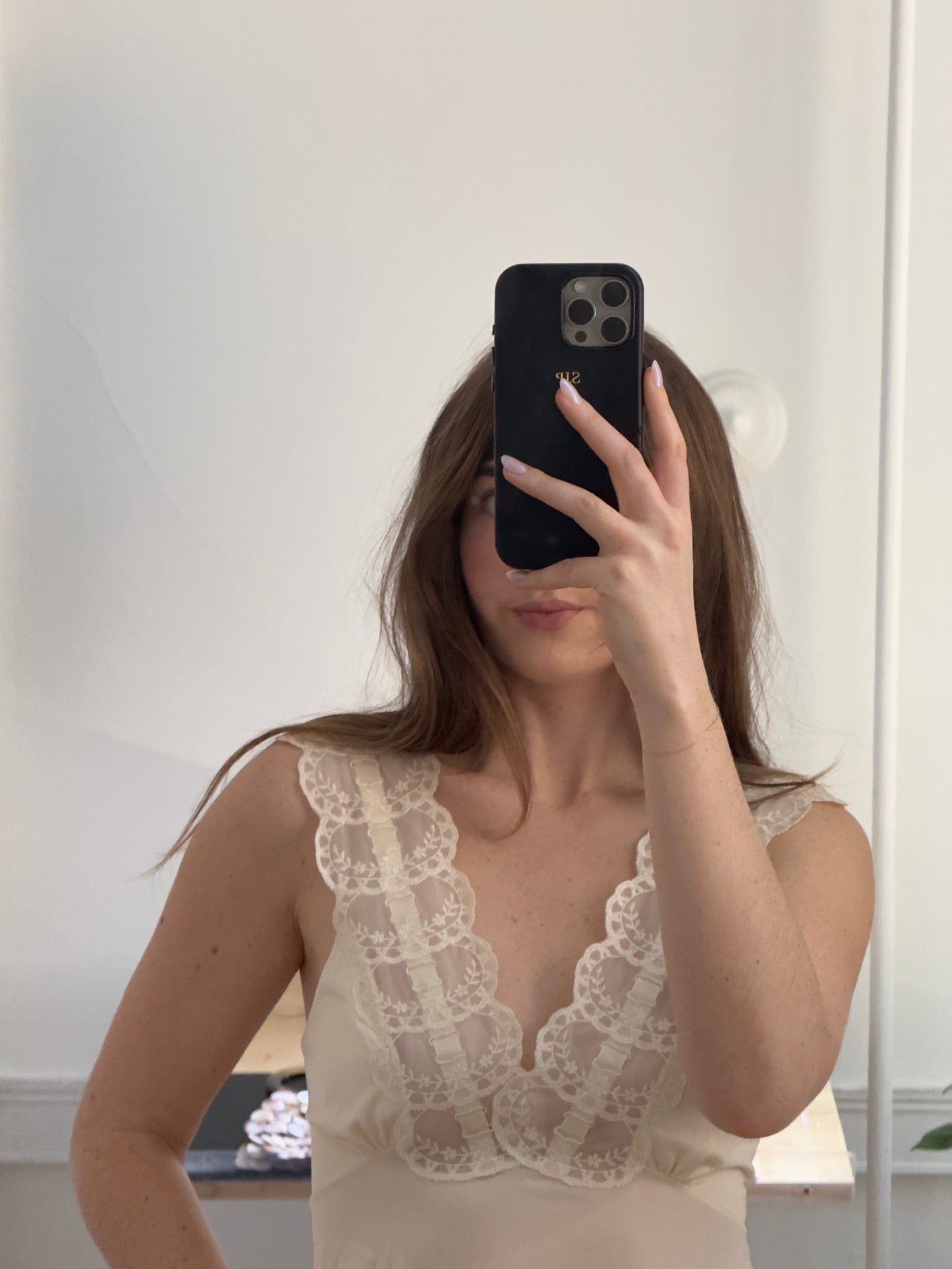 Vintage 60's Sheer Ivory Slip Dress with Lace and Ribbon