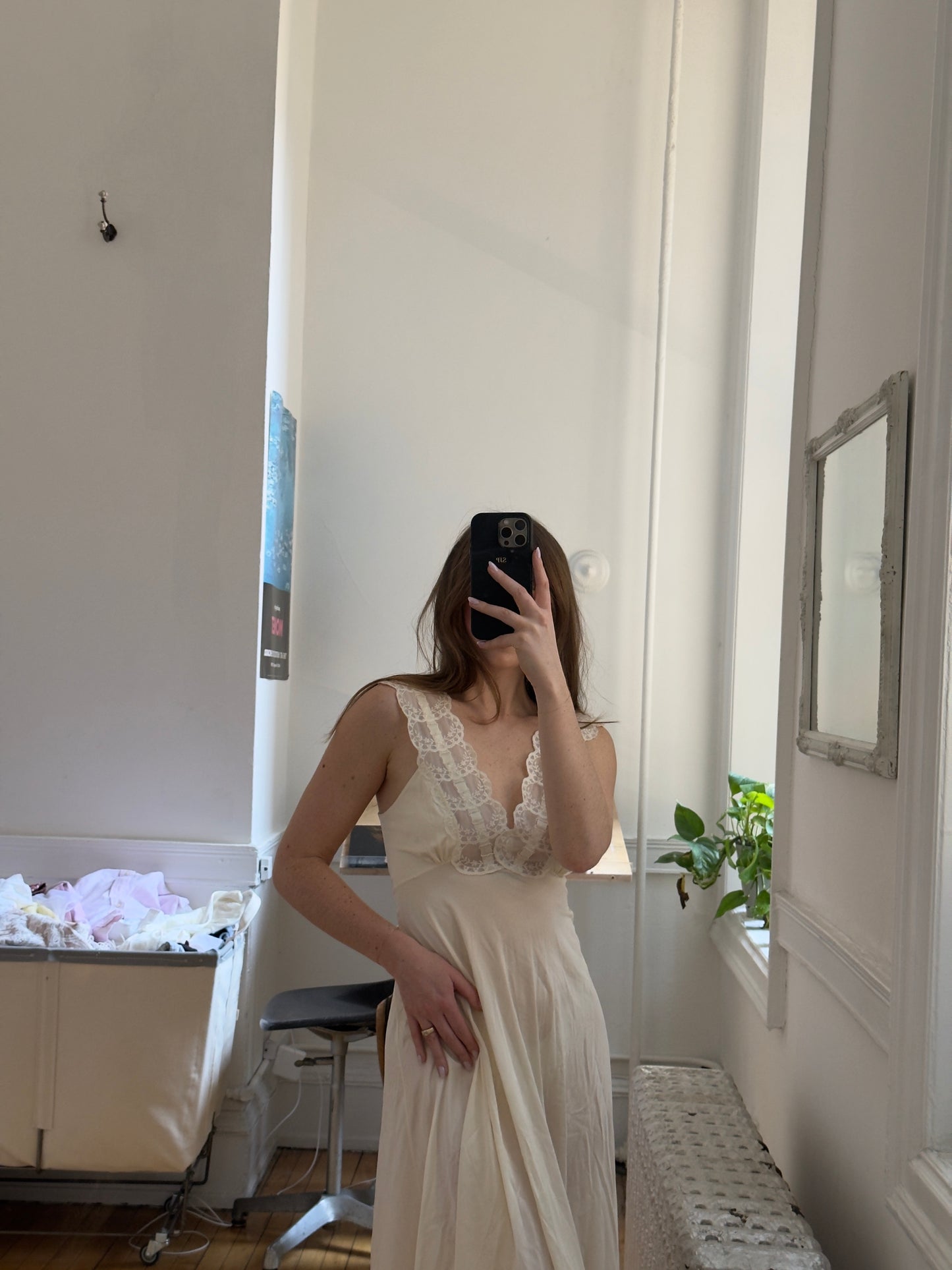 Vintage 60's Sheer Ivory Slip Dress with Lace and Ribbon