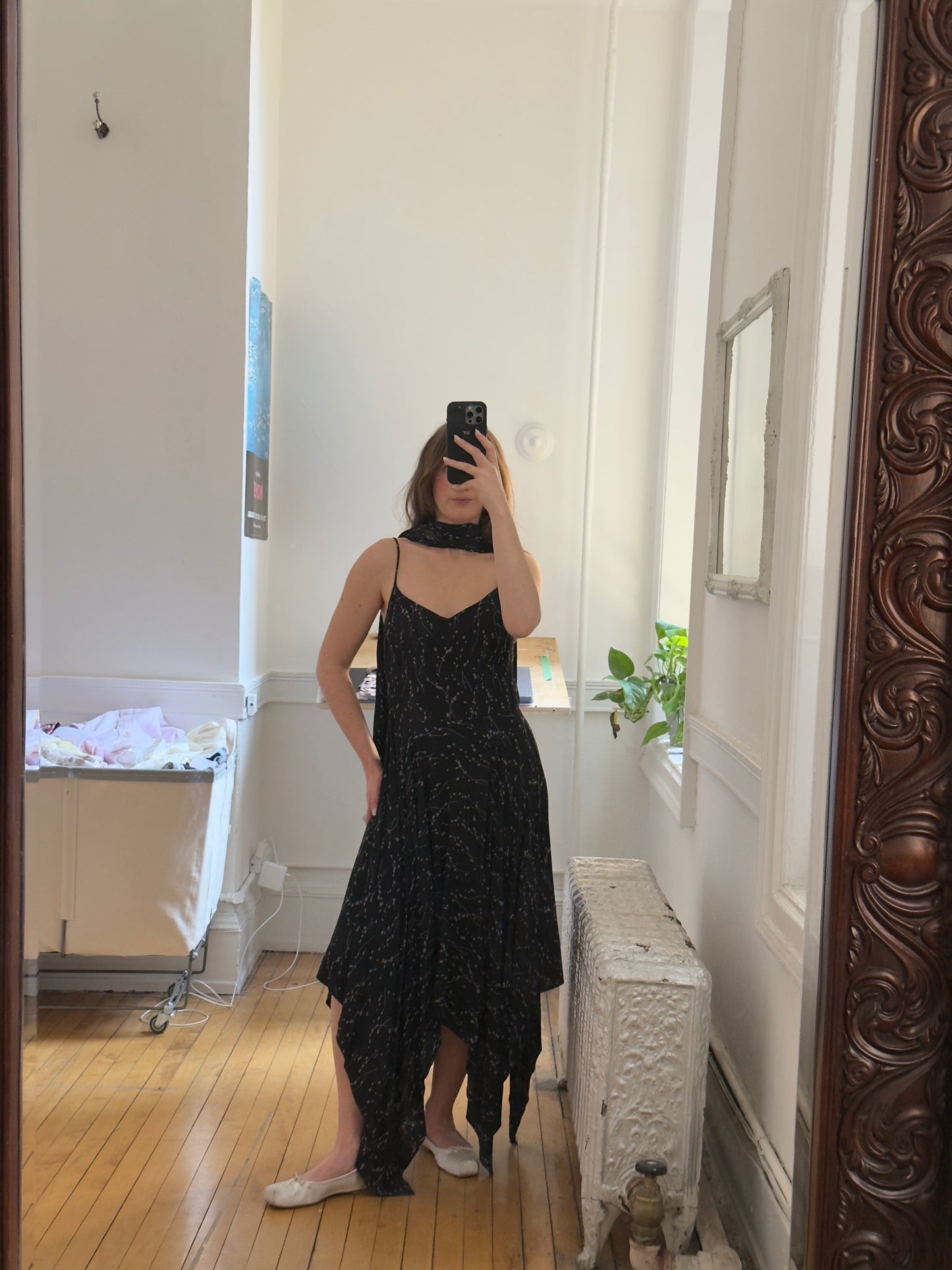 Vintage 80's Black Handkerchief Hem Evening Dress with Neck Scarf