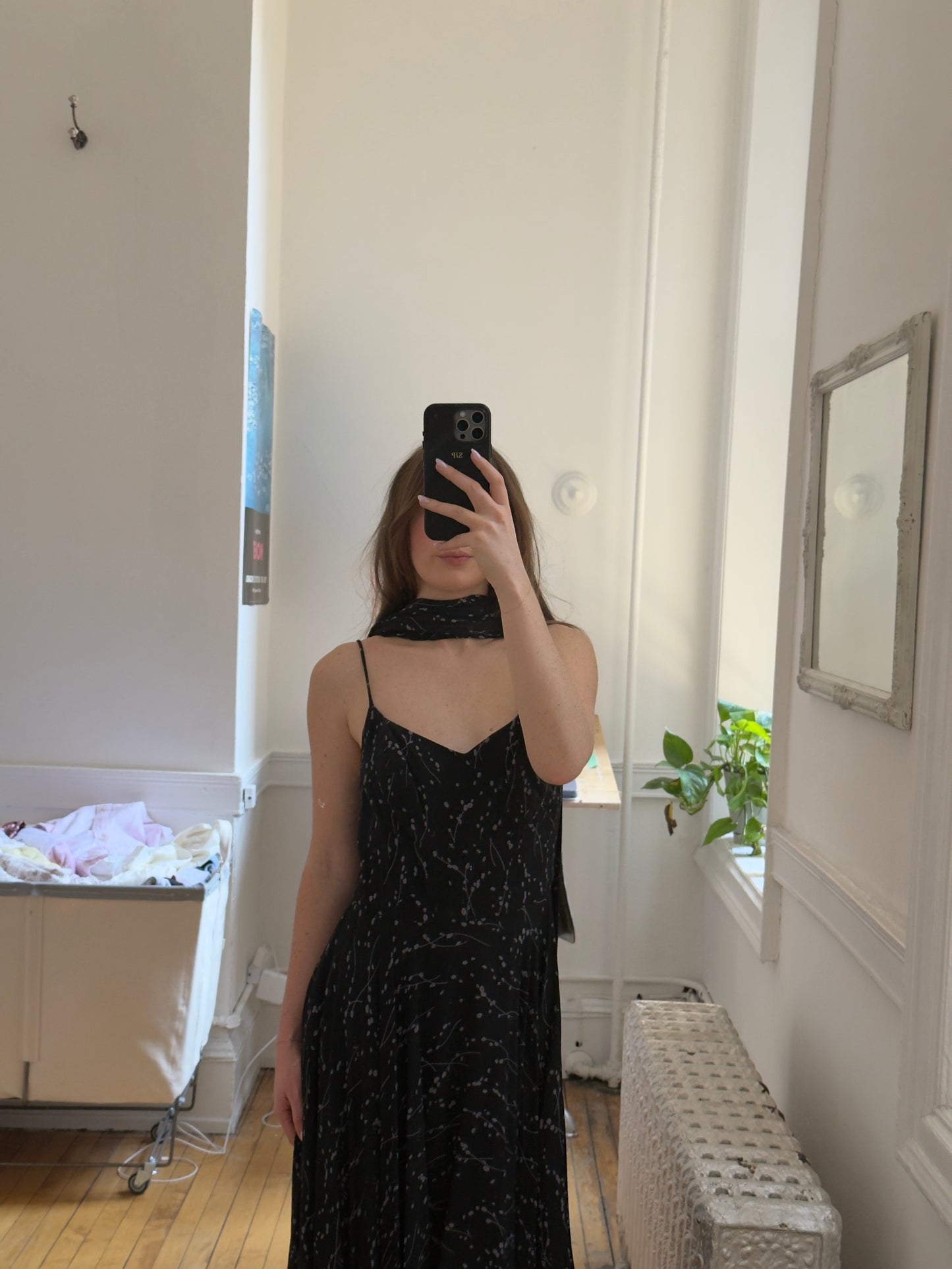 Vintage 80's Black Handkerchief Hem Evening Dress with Neck Scarf