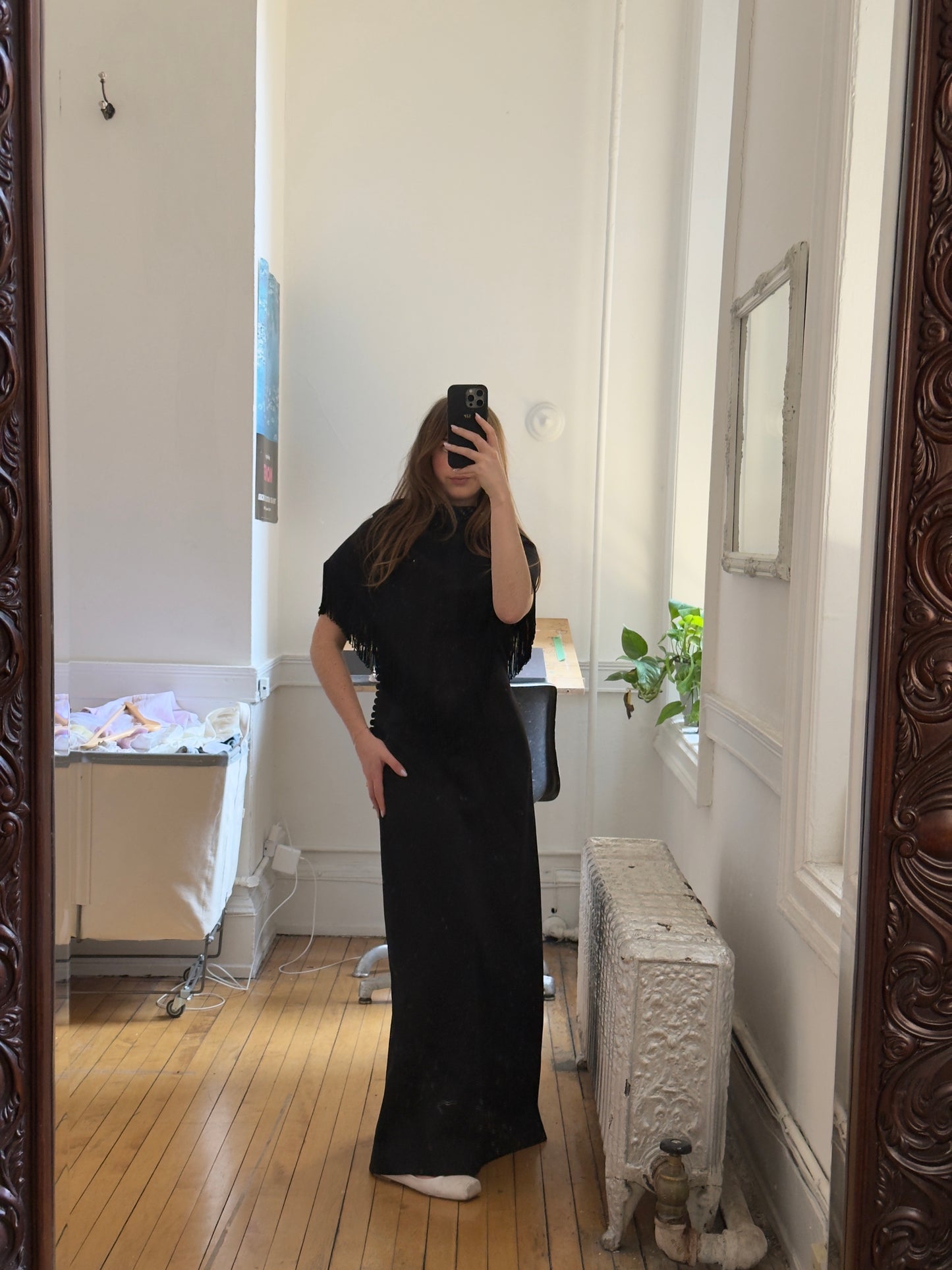 Vintage 60's Black Evening Dress with Fringe Cape