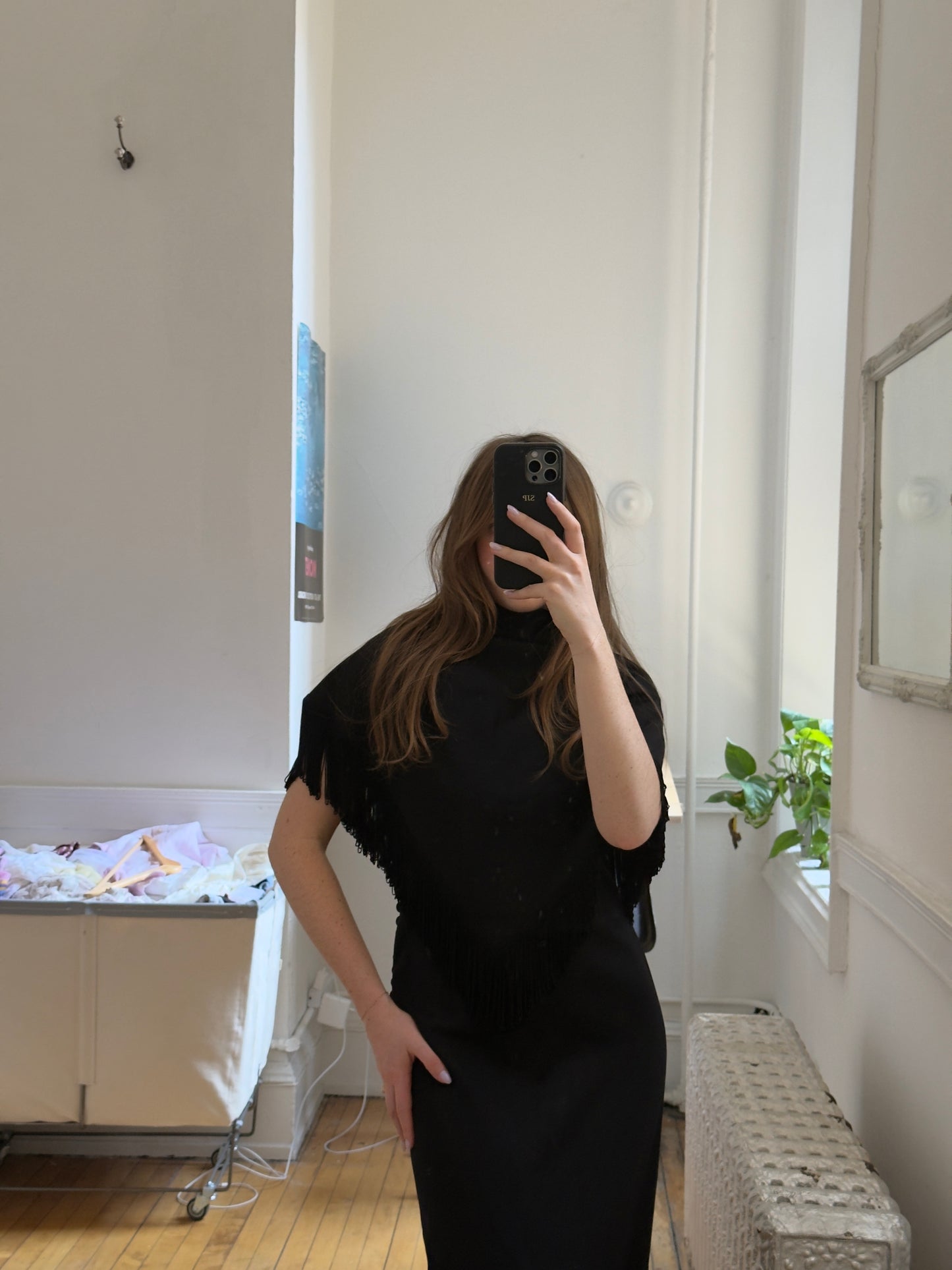 Vintage 60's Black Evening Dress with Fringe Cape