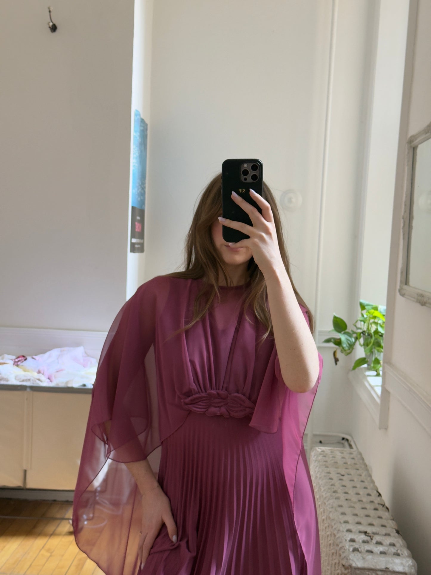 Vintage 80's Pink/Purple Evening Dress with Cape Overlay