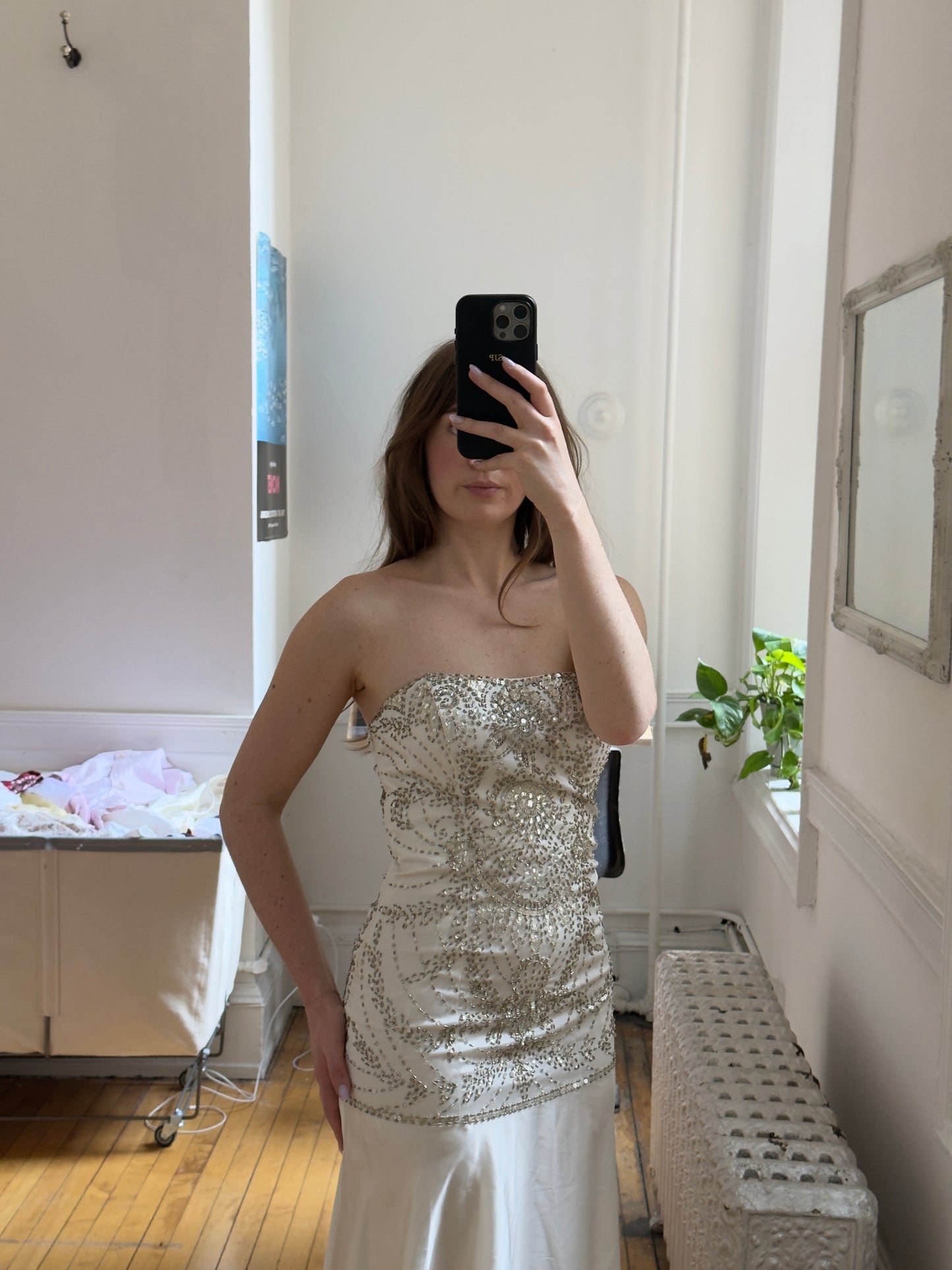 Vintage Y2K Beaded Strapless Drop Waist Bridal Dress