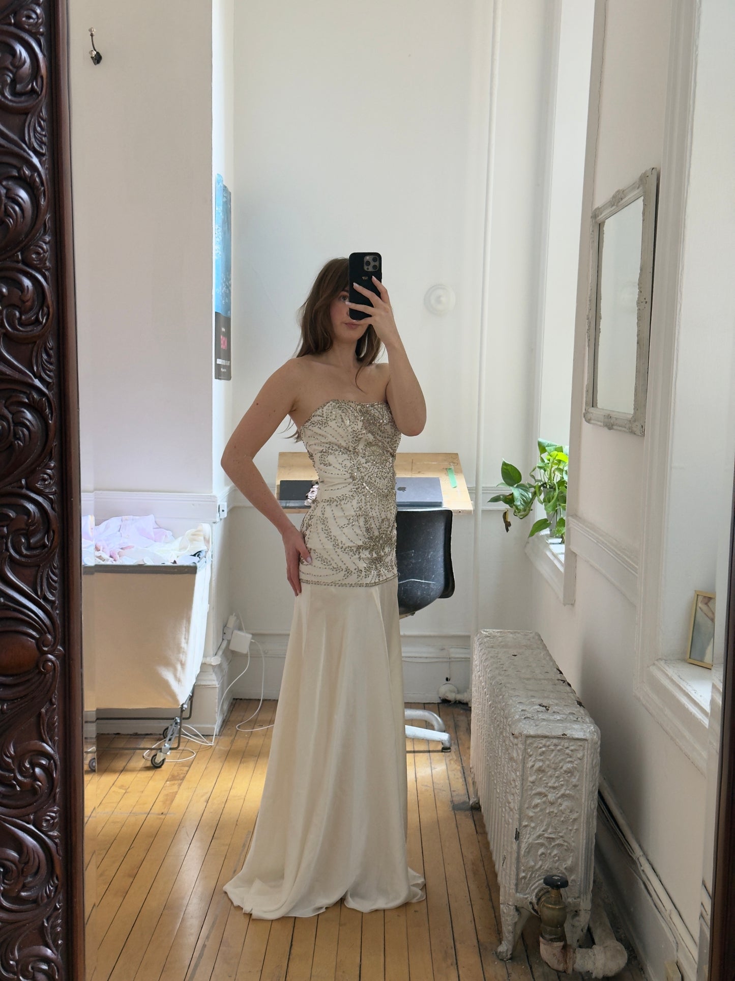 Vintage Y2K Beaded Strapless Drop Waist Bridal Dress