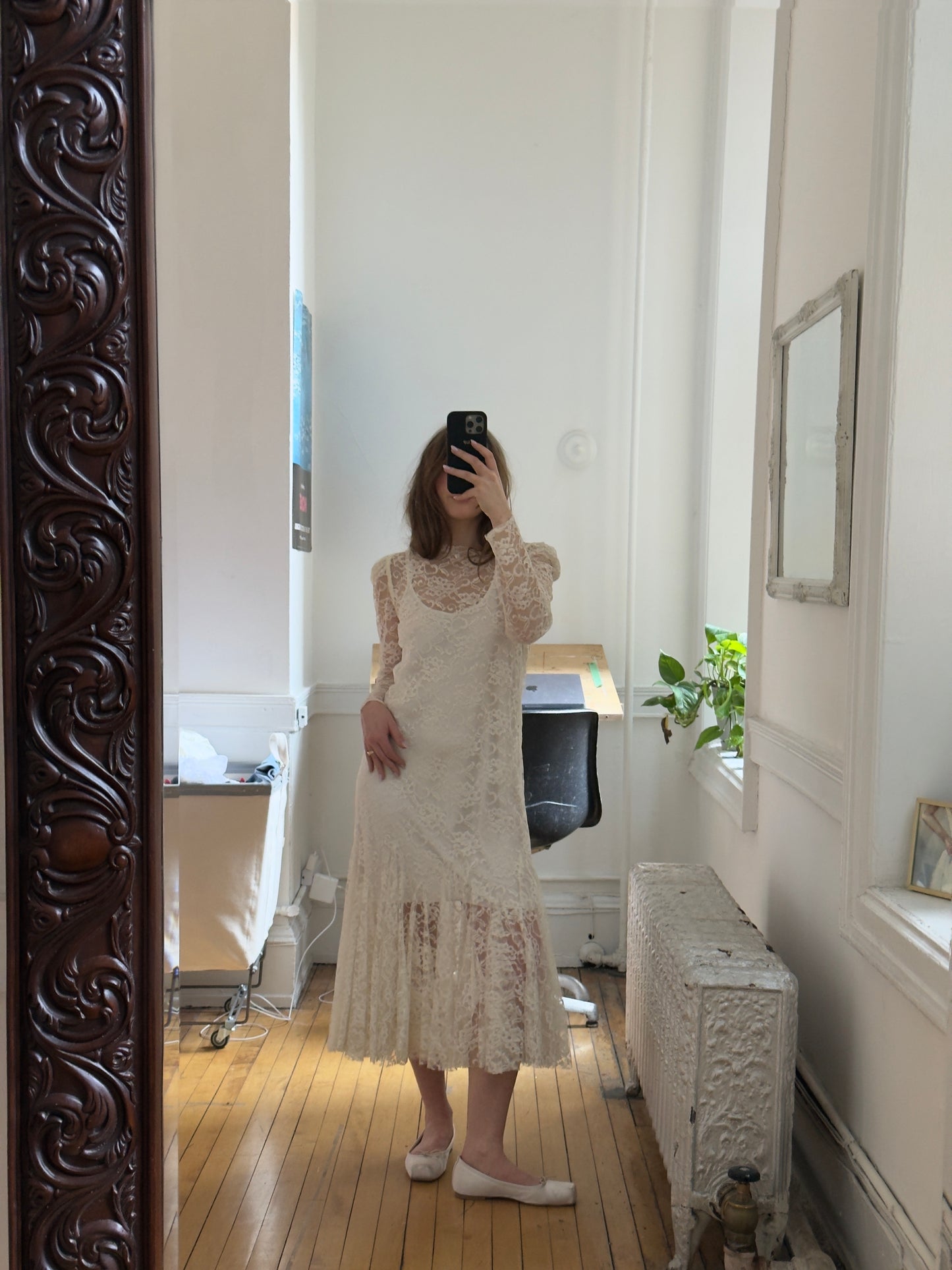 Vintage 80's Sheer Lace Overlay Midi Bridal Dress