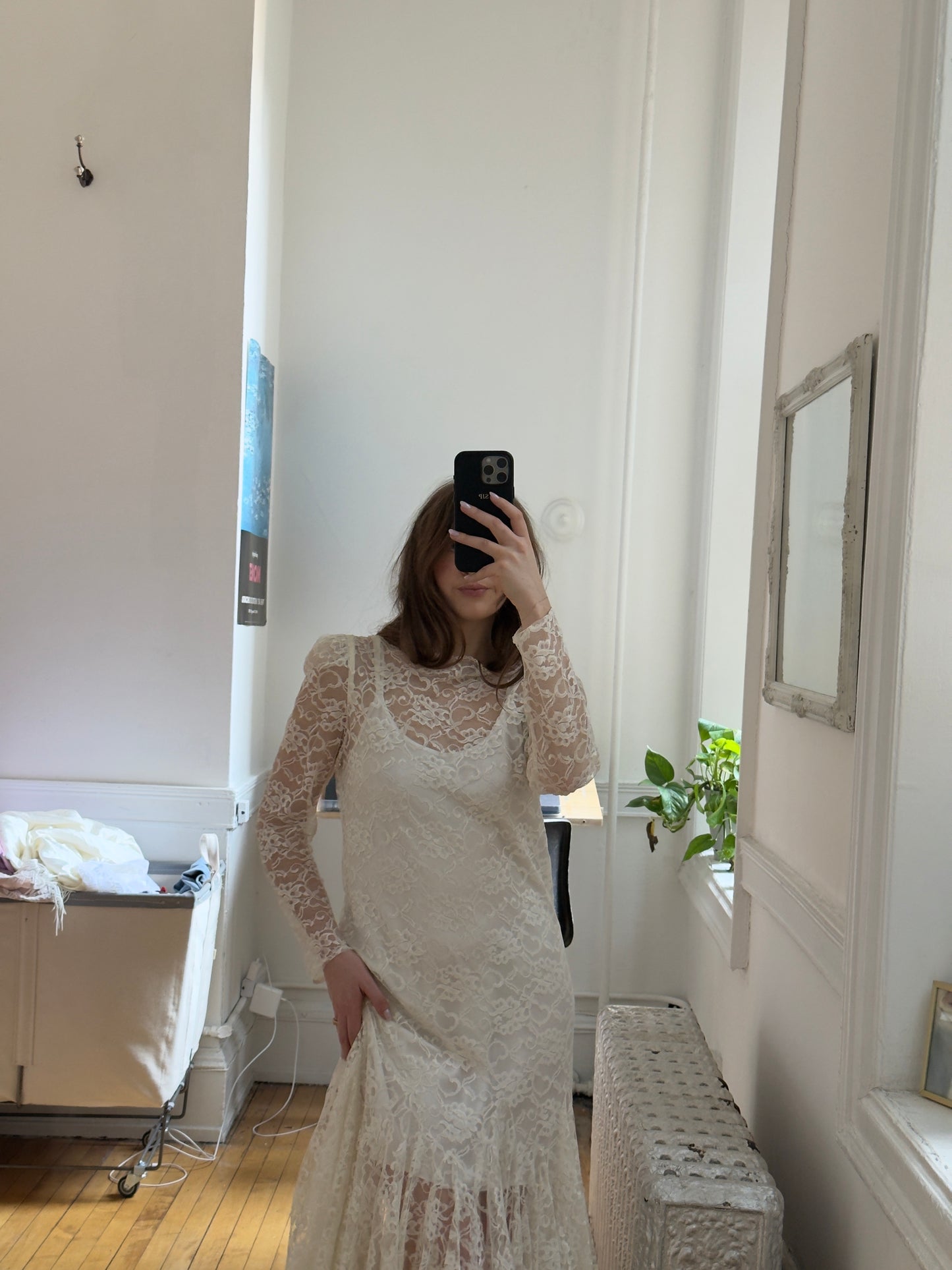 Vintage 80's Sheer Lace Overlay Midi Bridal Dress