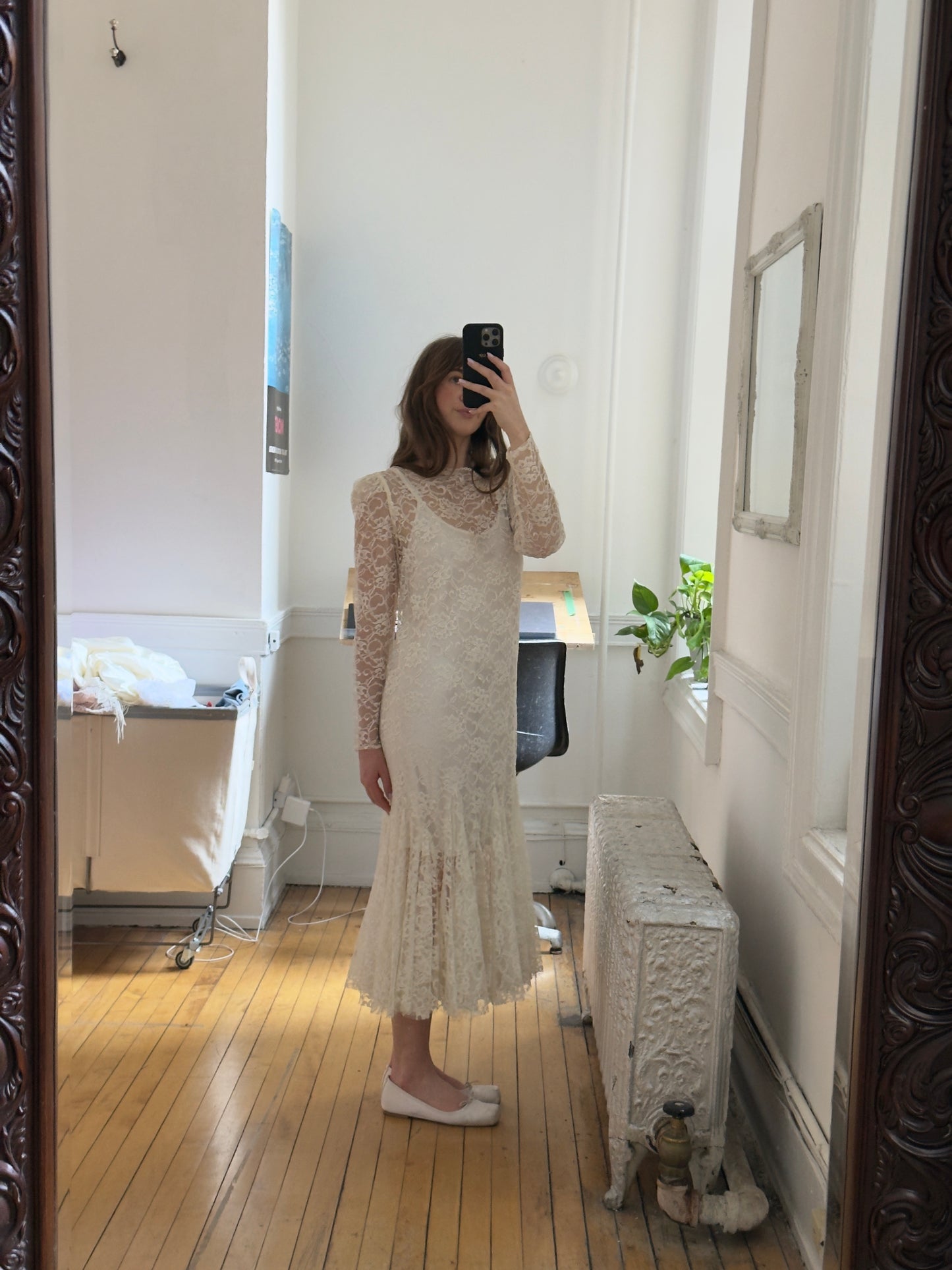 Vintage 80's Sheer Lace Overlay Midi Bridal Dress