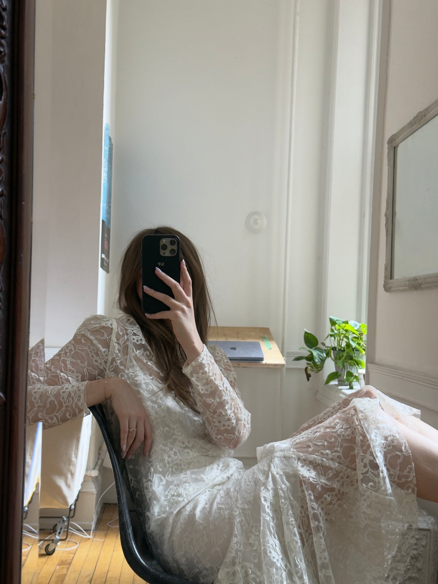 Vintage 80's Sheer Lace Overlay Midi Bridal Dress