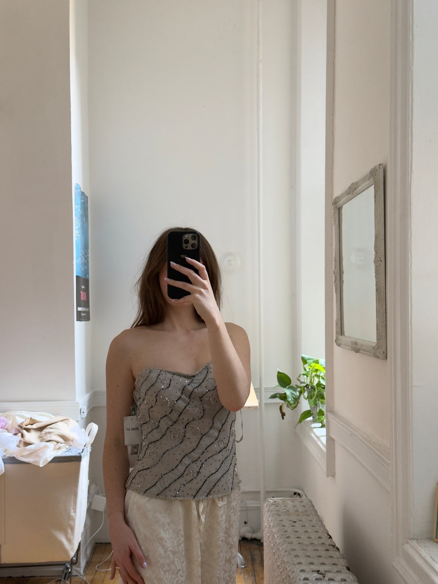 Vintage 90's Silk Beaded Taupe Strapless Corset Top