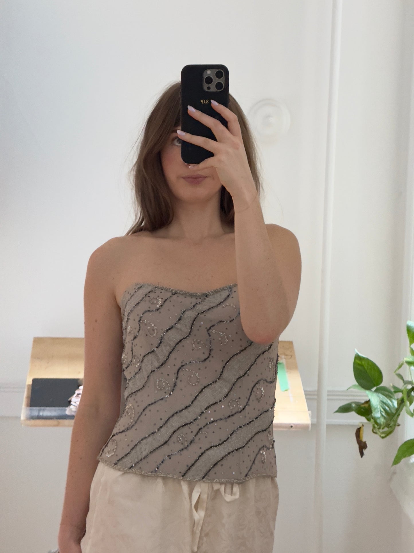 Vintage 90's Silk Beaded Taupe Strapless Corset Top