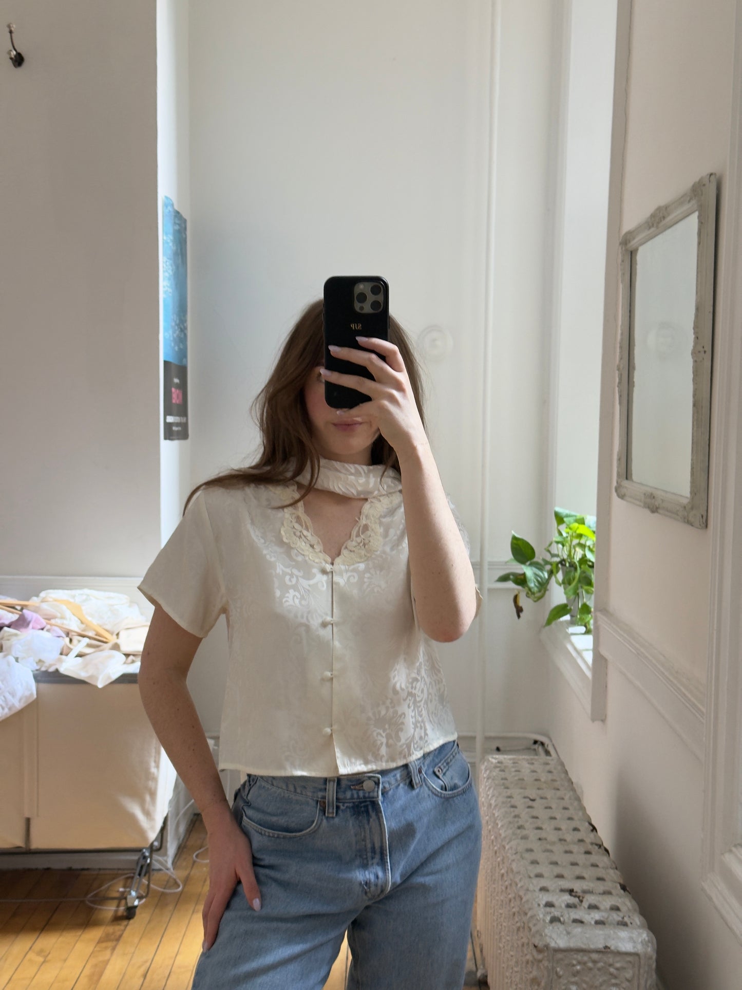 Vintage 70's Ivory Satin Floral Top with Neck Scarf