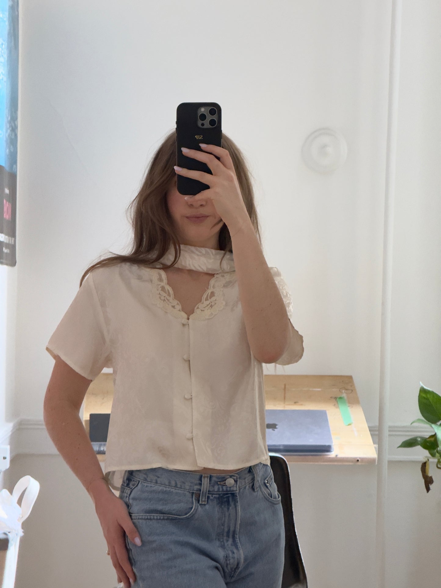Vintage 70's Ivory Satin Floral Top with Neck Scarf