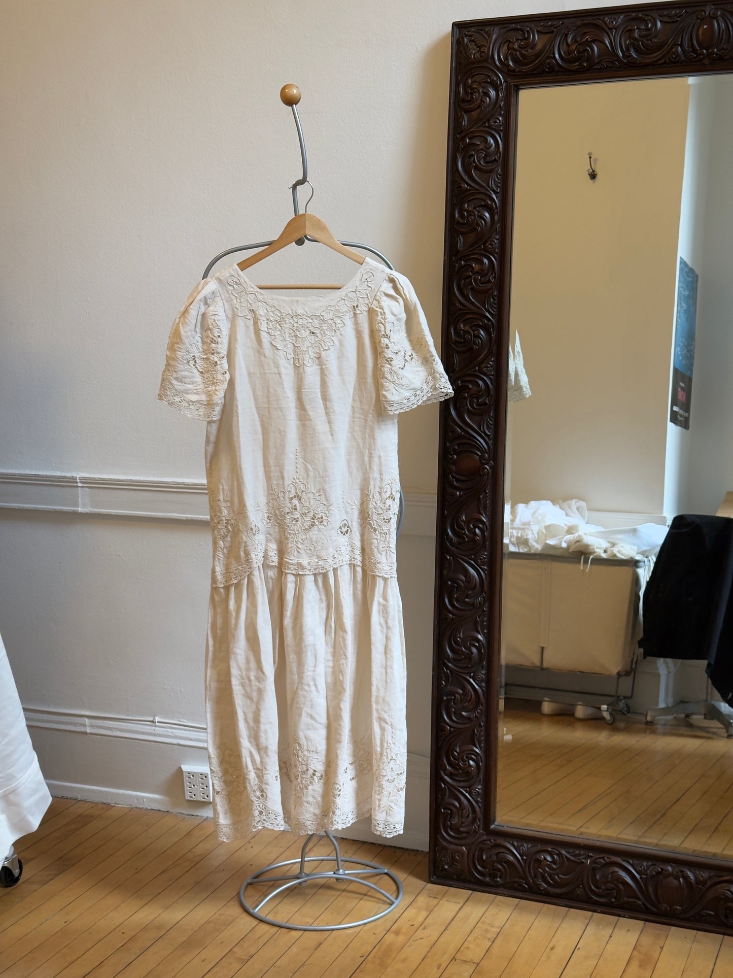Vintage 80's Linen Embroidered Drop Waist Dress