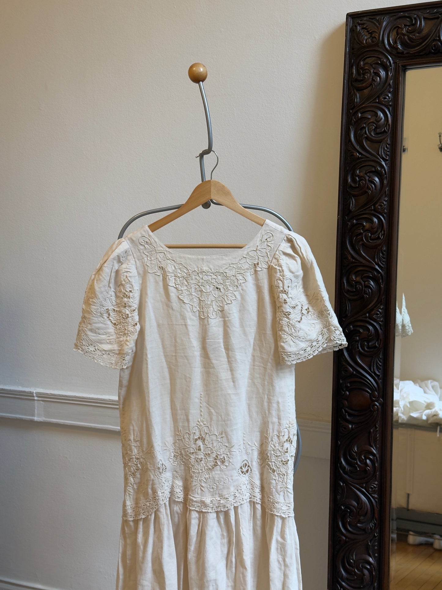 Vintage 80's Linen Embroidered Drop Waist Dress
