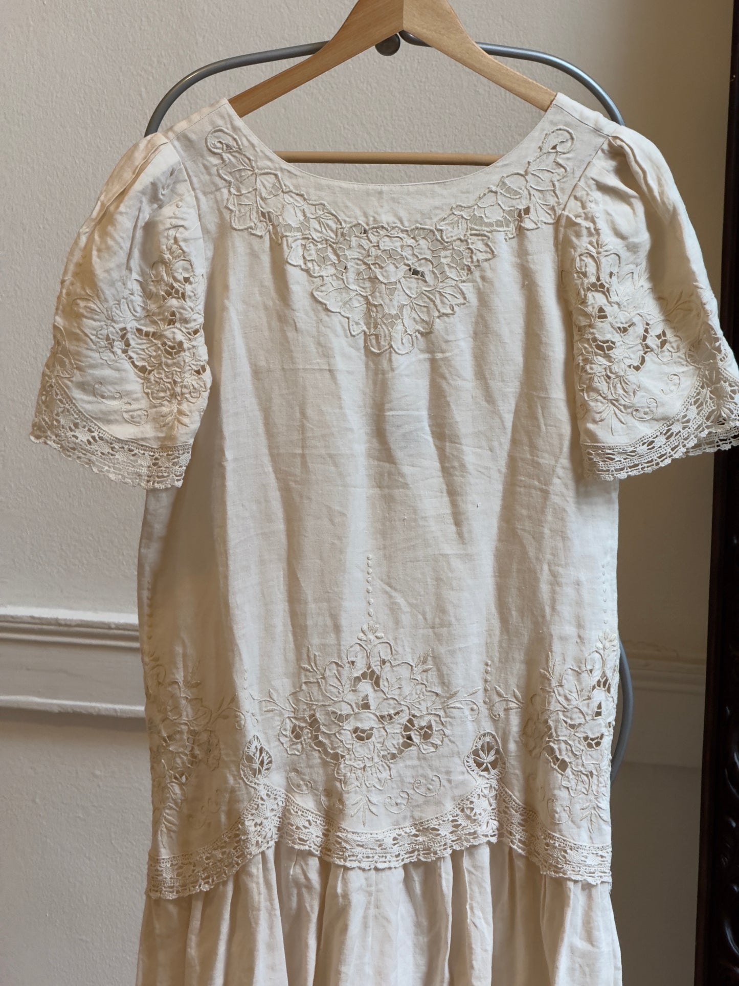 Vintage 80's Linen Embroidered Drop Waist Dress