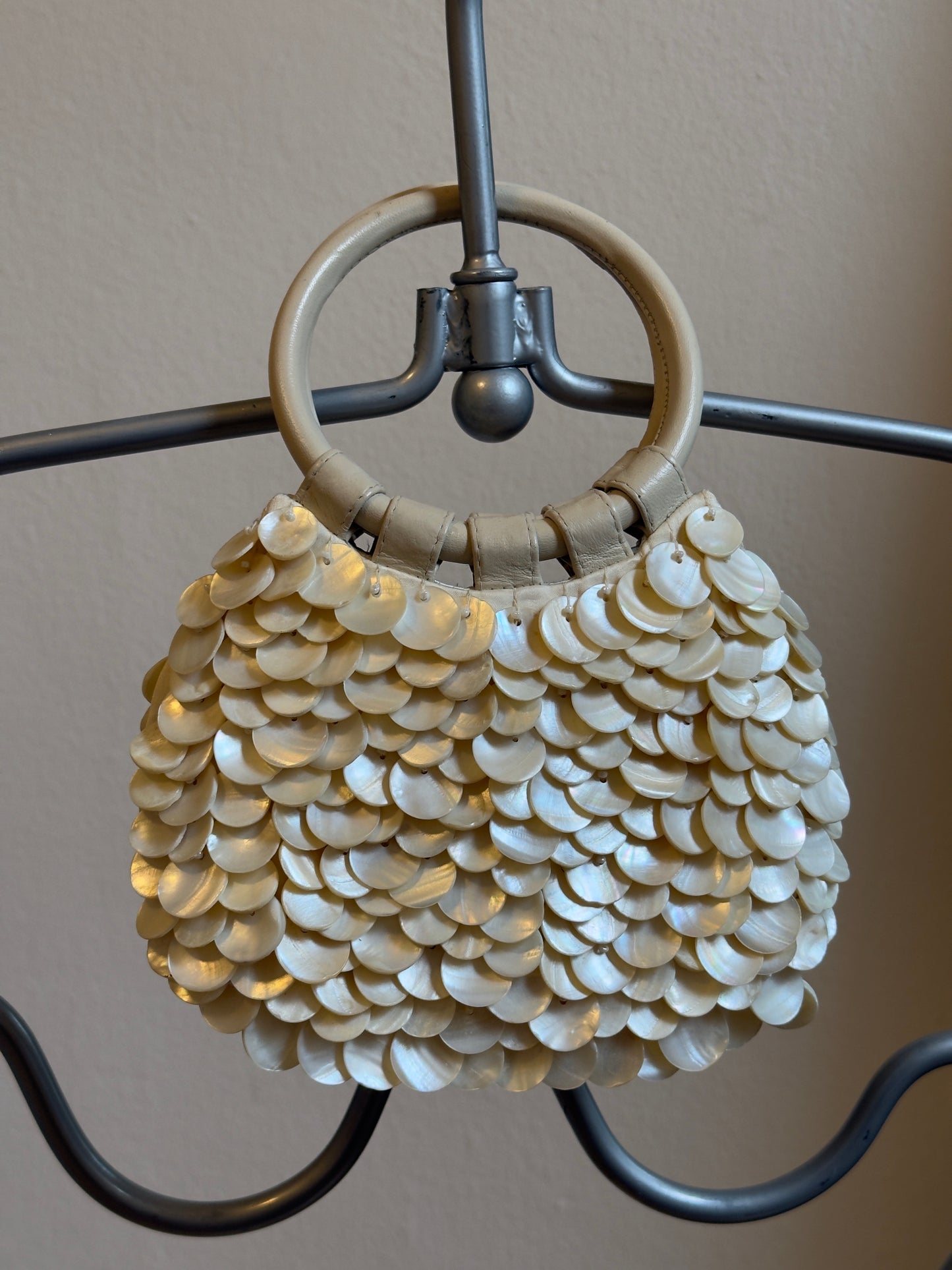 Vintage Y2K Mother of Pearl Shell Purse with Leather Handles