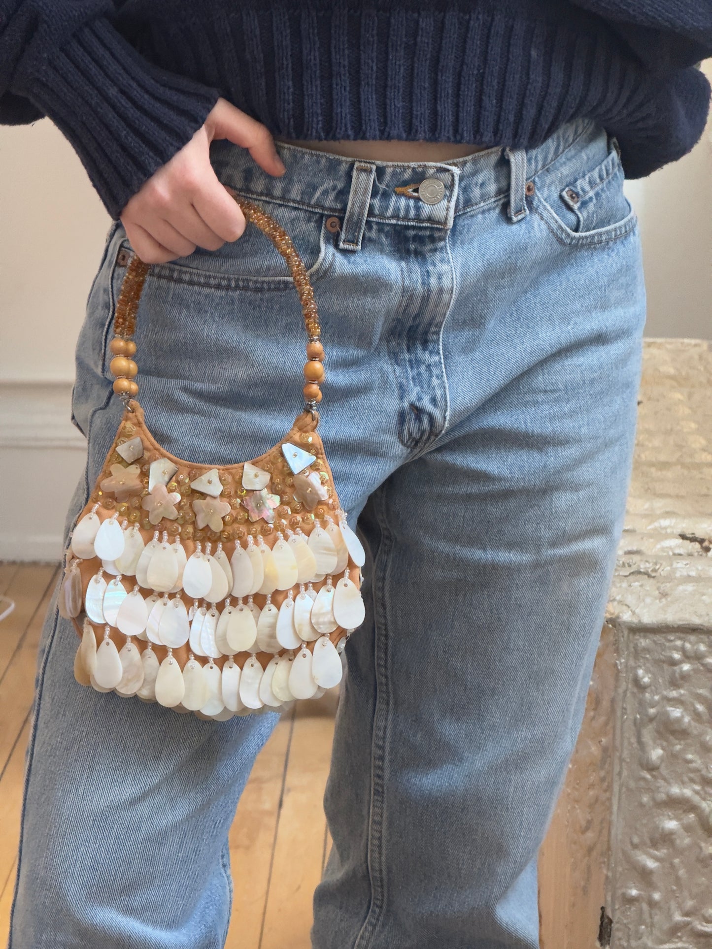 Vintage 90's Orange Mother of Pearl Shell Purse with Sequins