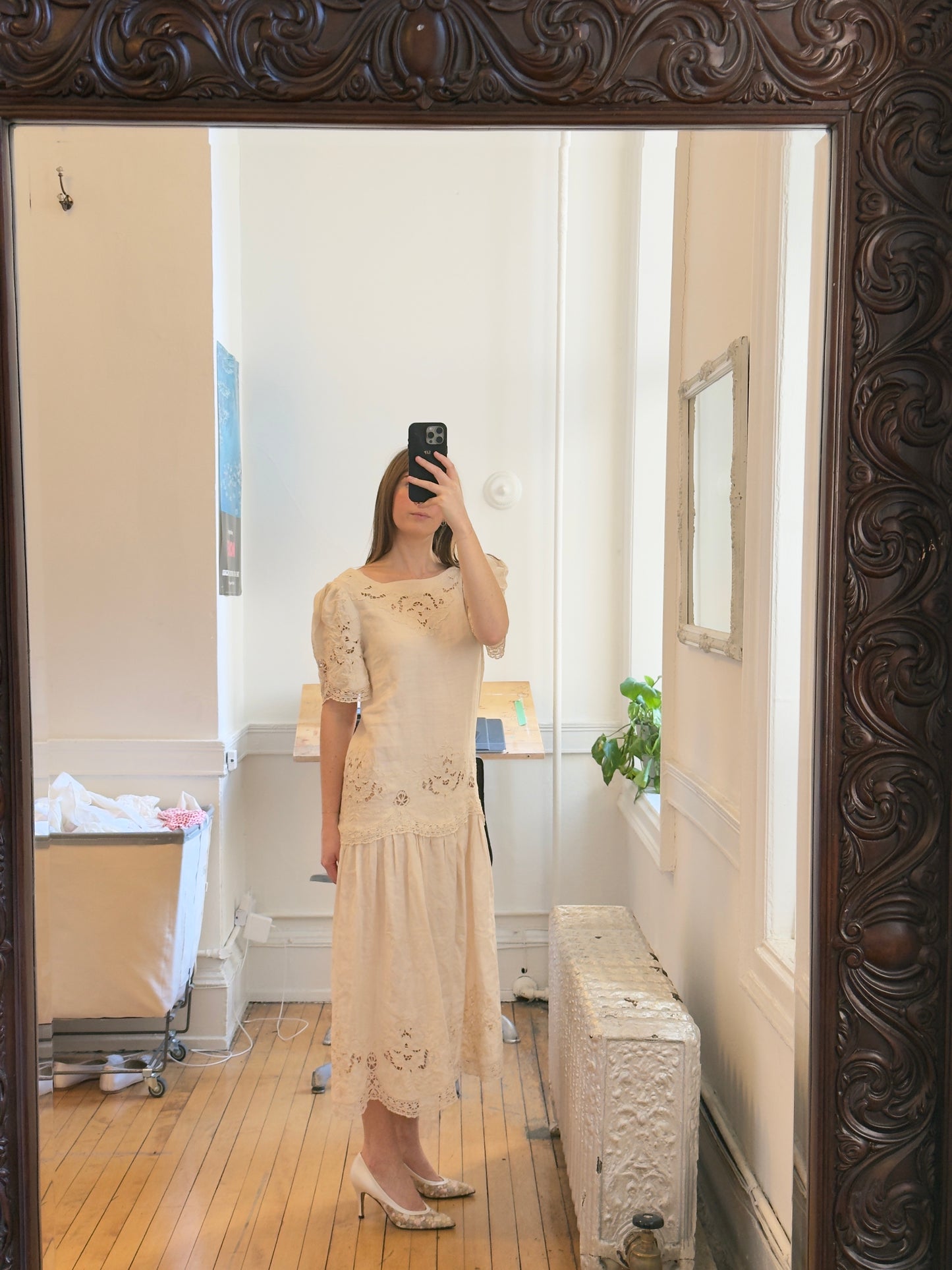Vintage 80's Linen Embroidered Drop Waist Dress
